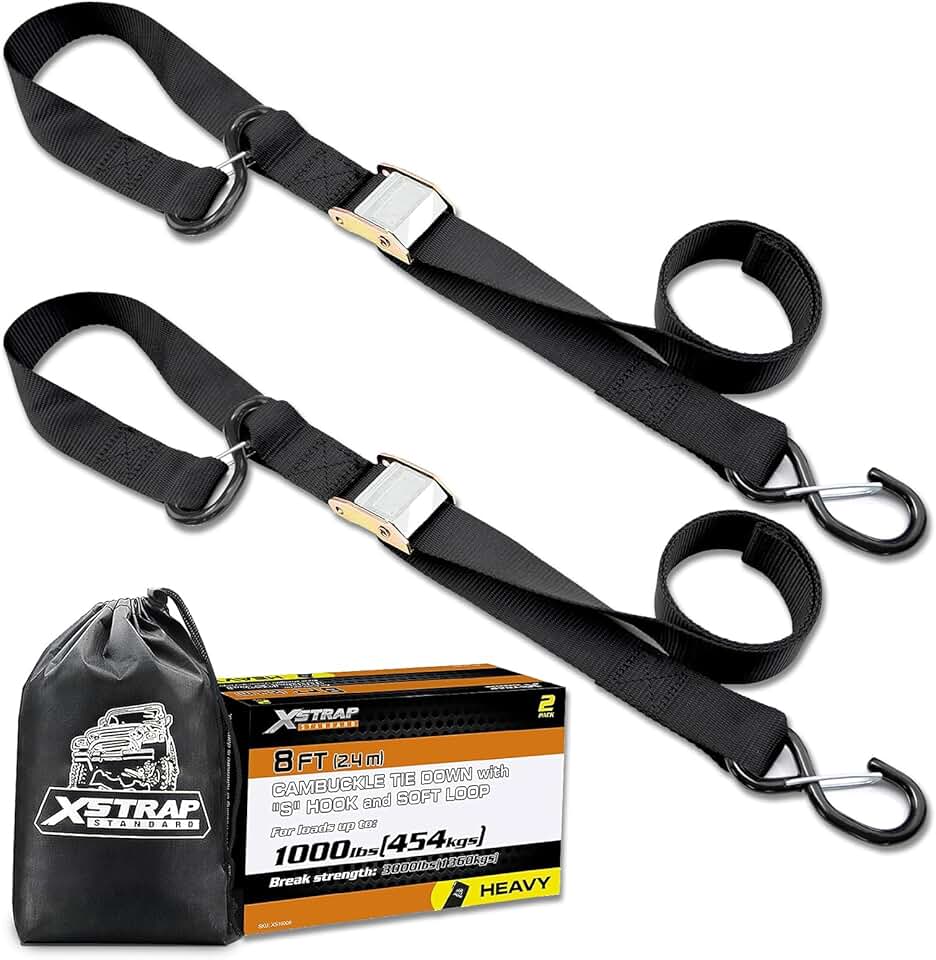 XSTRAP STANDARD Motorcycle Tie Down Straps (2 Pack) 3,000lb Break Strength, 1.5 in X 8FT Heavy-Duty Cambuckle Tie Down Set with S Hook and Soft Loops, Black
