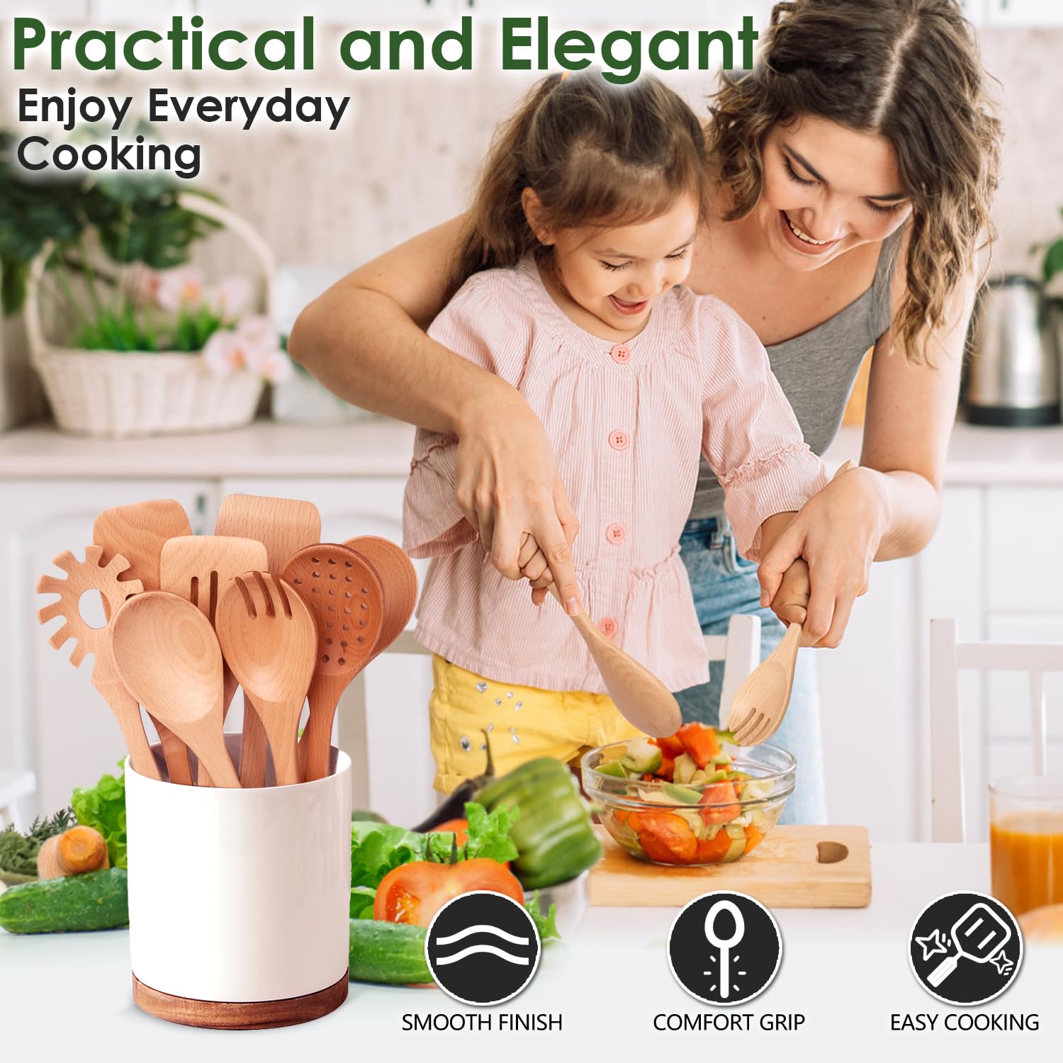 Kitchen - Juego de utensilios de cocina de madera de haya de 8 piezas, cucharas de cocina de madera con espátula, skimmer, cuchara de pasta y volteador, herramientas de cocina de madera duraderas