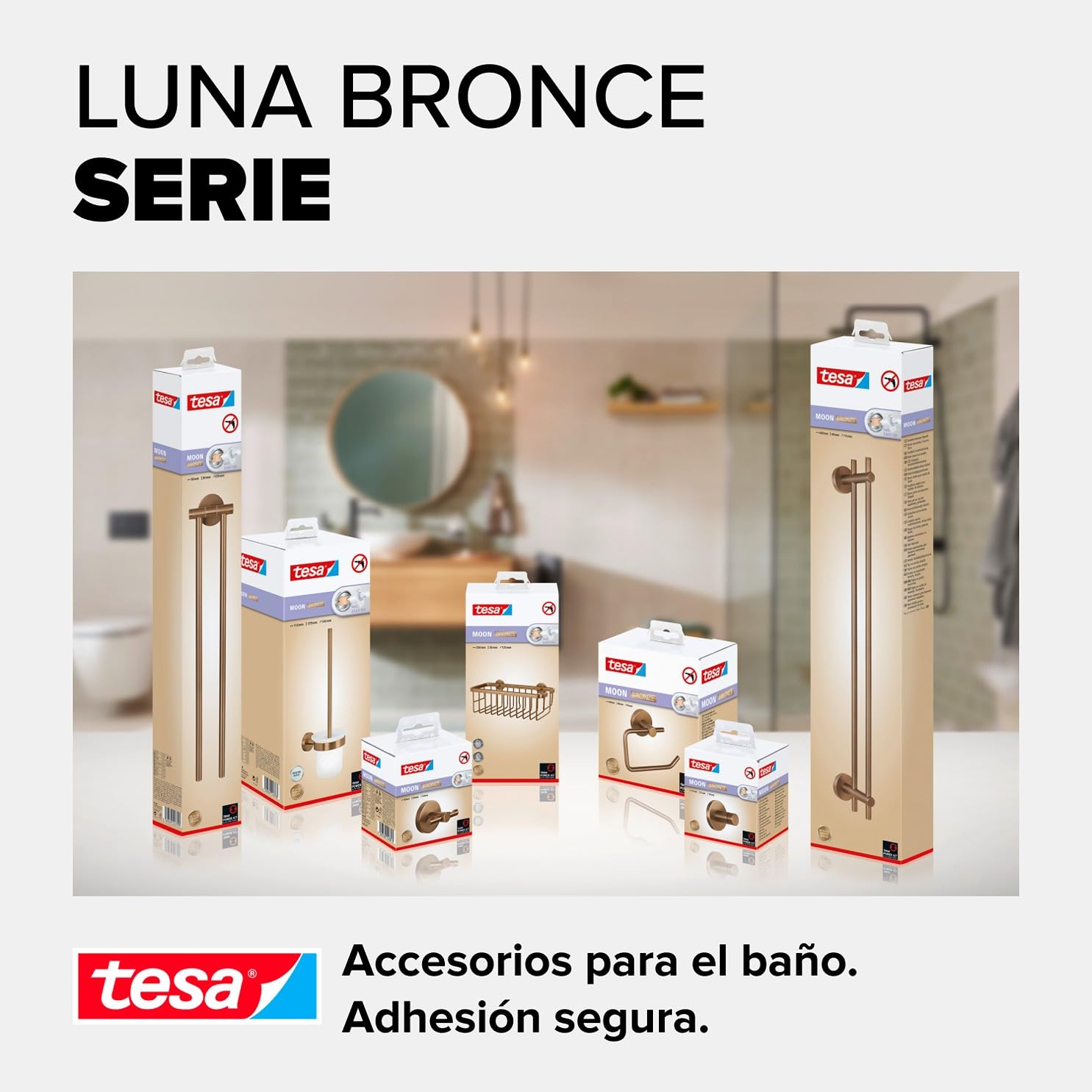 tesa MOON Cesta de Ducha Autoadhesiva - Canasta de 1 Nivel, Extra Profunda, de Metal Revestido de PVD, Cepillada en Bronce - sin Taladrar, Incluye Solución Adhesiva - 92 mm x 250 mm x 125 mm