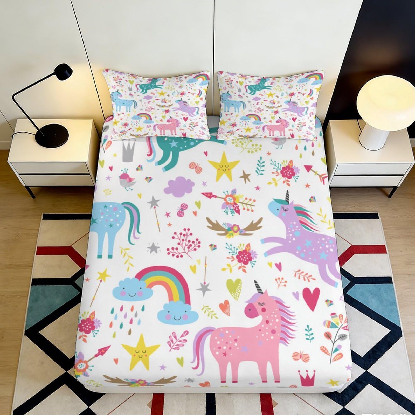 3D Printed Unicorn Rainbow Fitted Sheet Microfiber Soft Pastel Stars Mattress Cover for Bedroom Kids Guest Room Decor 90x200x25cm