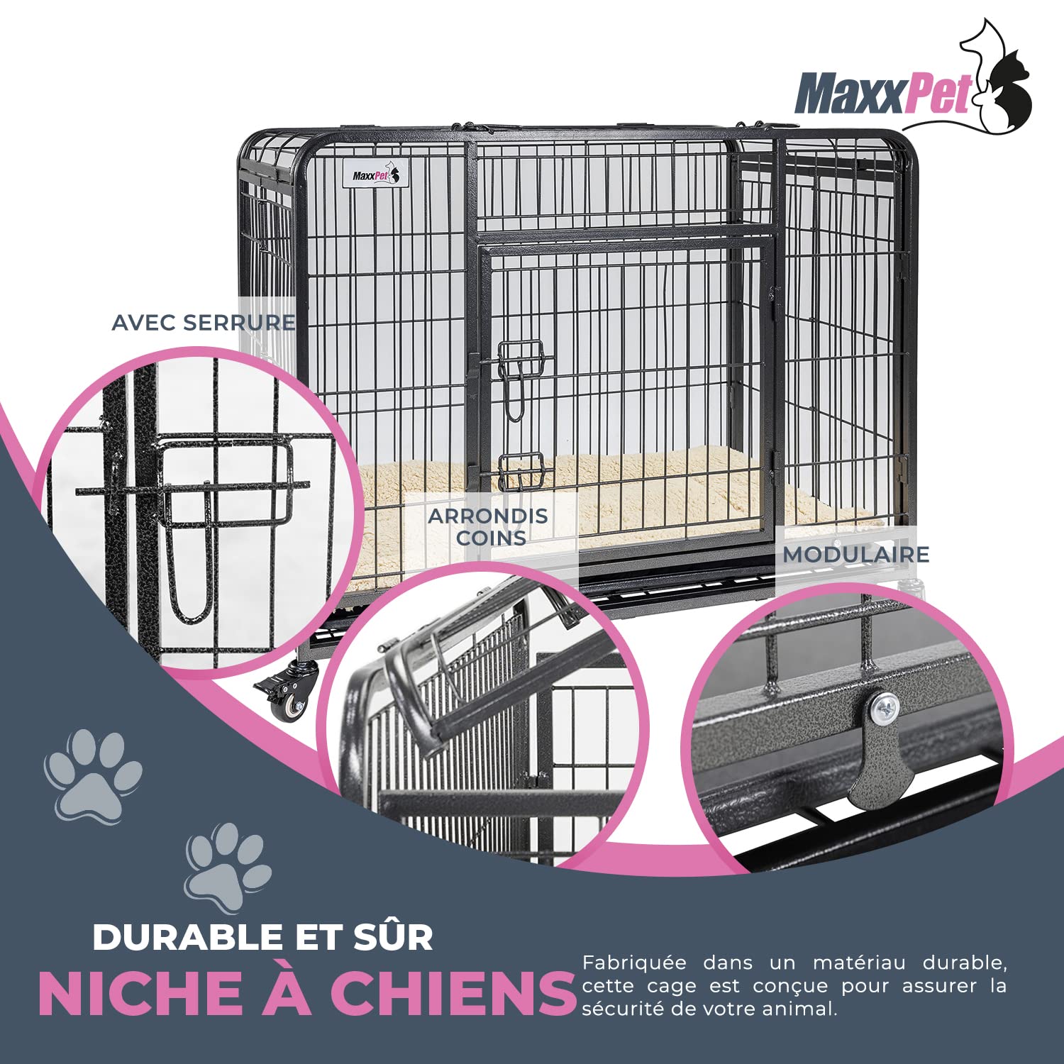 MaxxPet Cage pour Chien - Cage Pliable en Métal pour Chien - Caisse De Transport pour Chien XXL - avec Plaid Luxueux et roulettes - Convient pour Le Transport - 94x58x70 cm - Gris