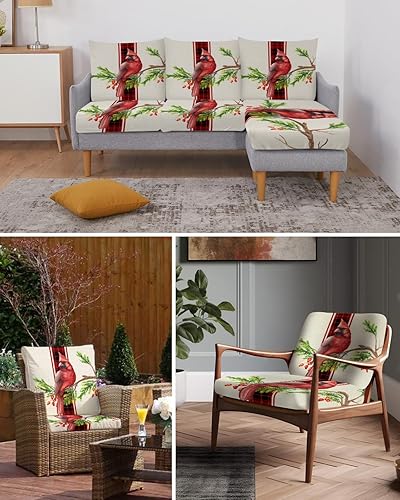Miniatura 6 de Fundas de cojín elásticas para sofá de Navidad, diseño de pájaro rojo de Navidad, seccionalindividualen forma de L, funda protectora para muebles