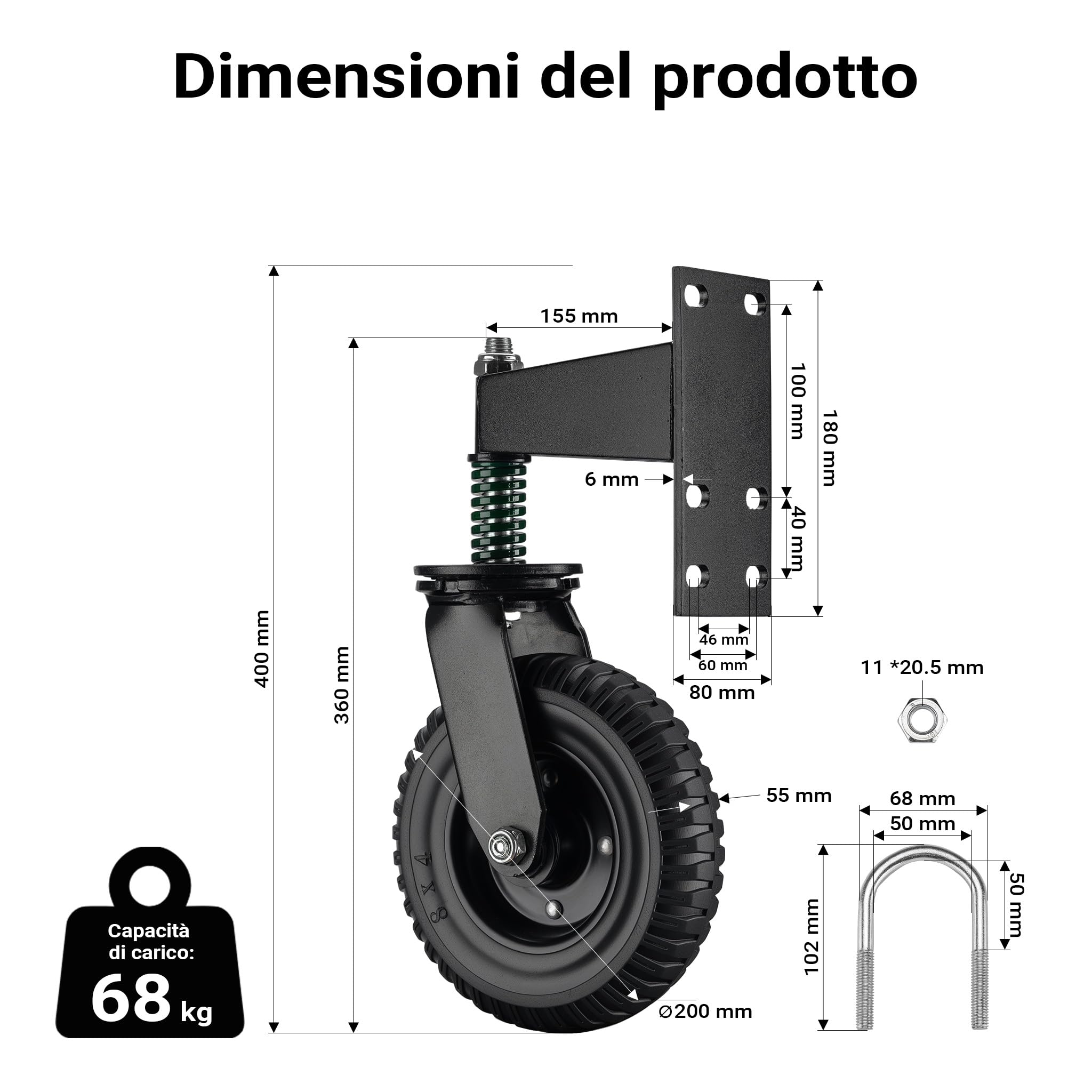 Wiltec Ruota per cancello girevole a 360°, diametro 200 mm, portata max 275 kg, ruote per cancelli pesanti, in acciaio vernicato a polvere e gomma, per cancello scorrevole e da giardino