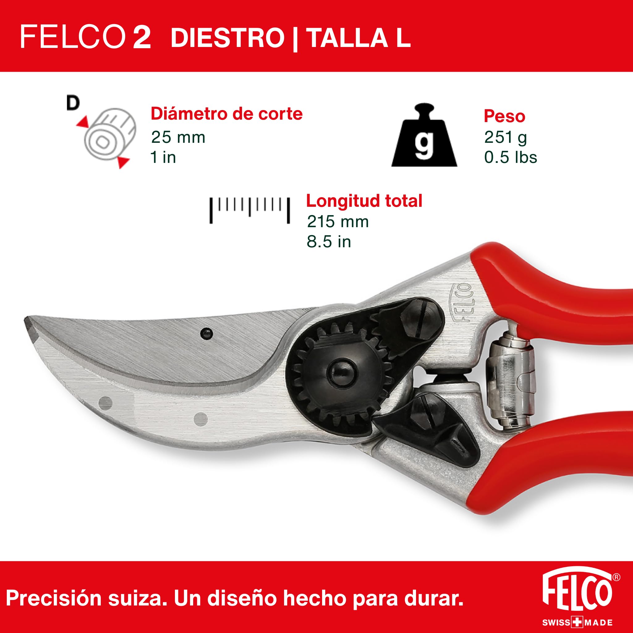FELCO 2 tijera bypass profesional para diestros, hoja de acero templado 41 mm, mangos de aluminio forjado, corte limpio hasta 25 mm, herramienta suiza robusta