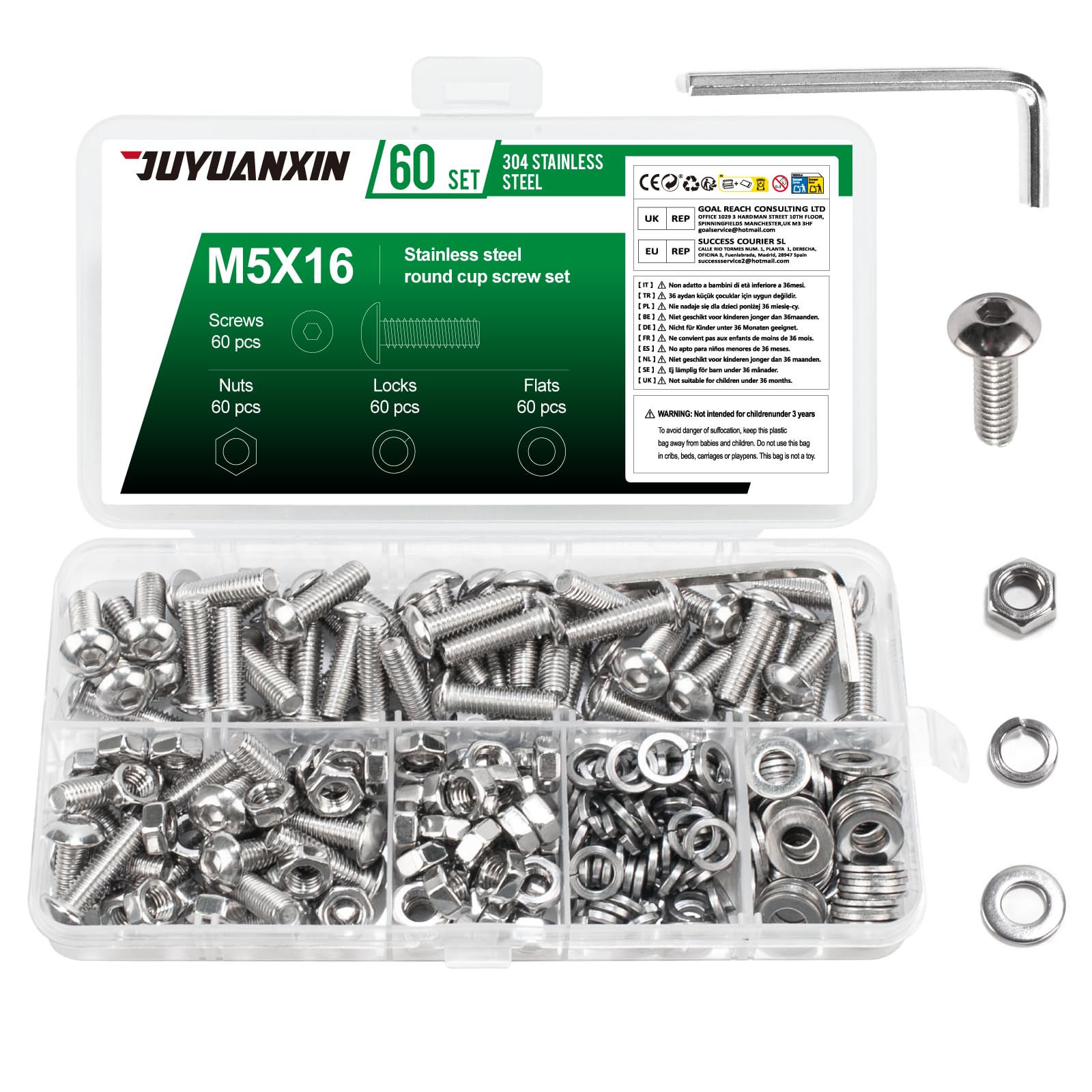 60 Set M5 x 16 mm Nuts and Bolts Assortment, Hex Socket Button Head Screws Bolts and Nuts Set, Stainless Steel Allen Machine Screws with Flat & Lock Washers Set
