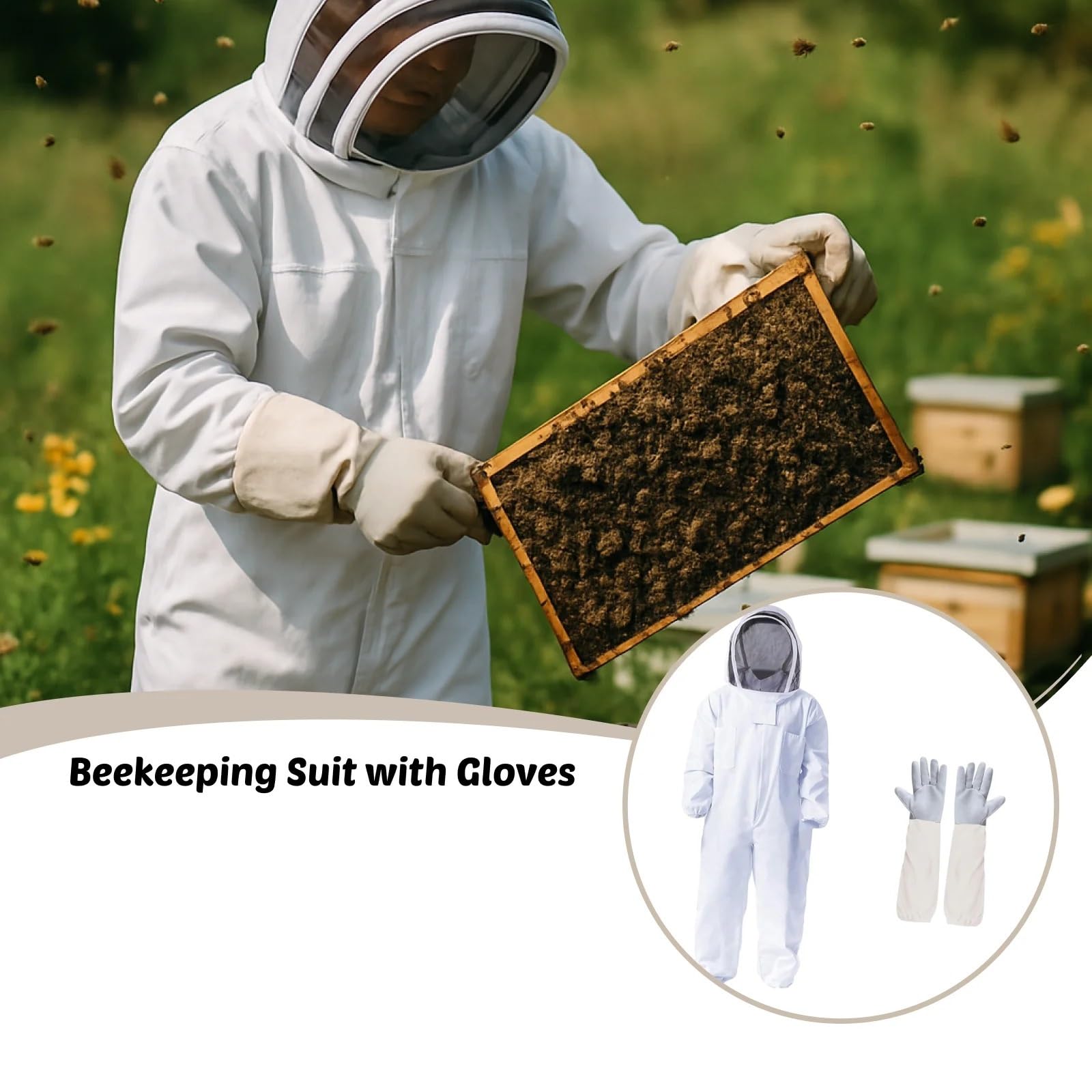 Traje de apicultor Profesional Traje de apicultura ventilado con guantes, traje cuerpo entero, ropa protectora for apicultor, granja y patio trasero(L)