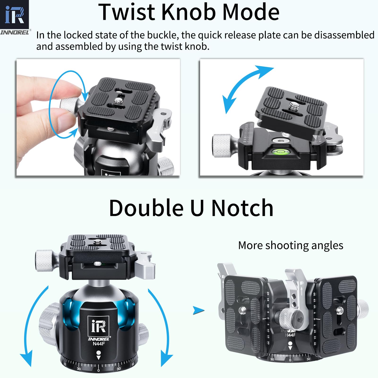 INNOREL N44F - Testa a sfera per treppiedi a basso profilo, chiusura rapida, rilascio rapido della leva, testa a sfera panoramica in metallo CNC, con 2 piastre per treppiede, monopiede, videocamera