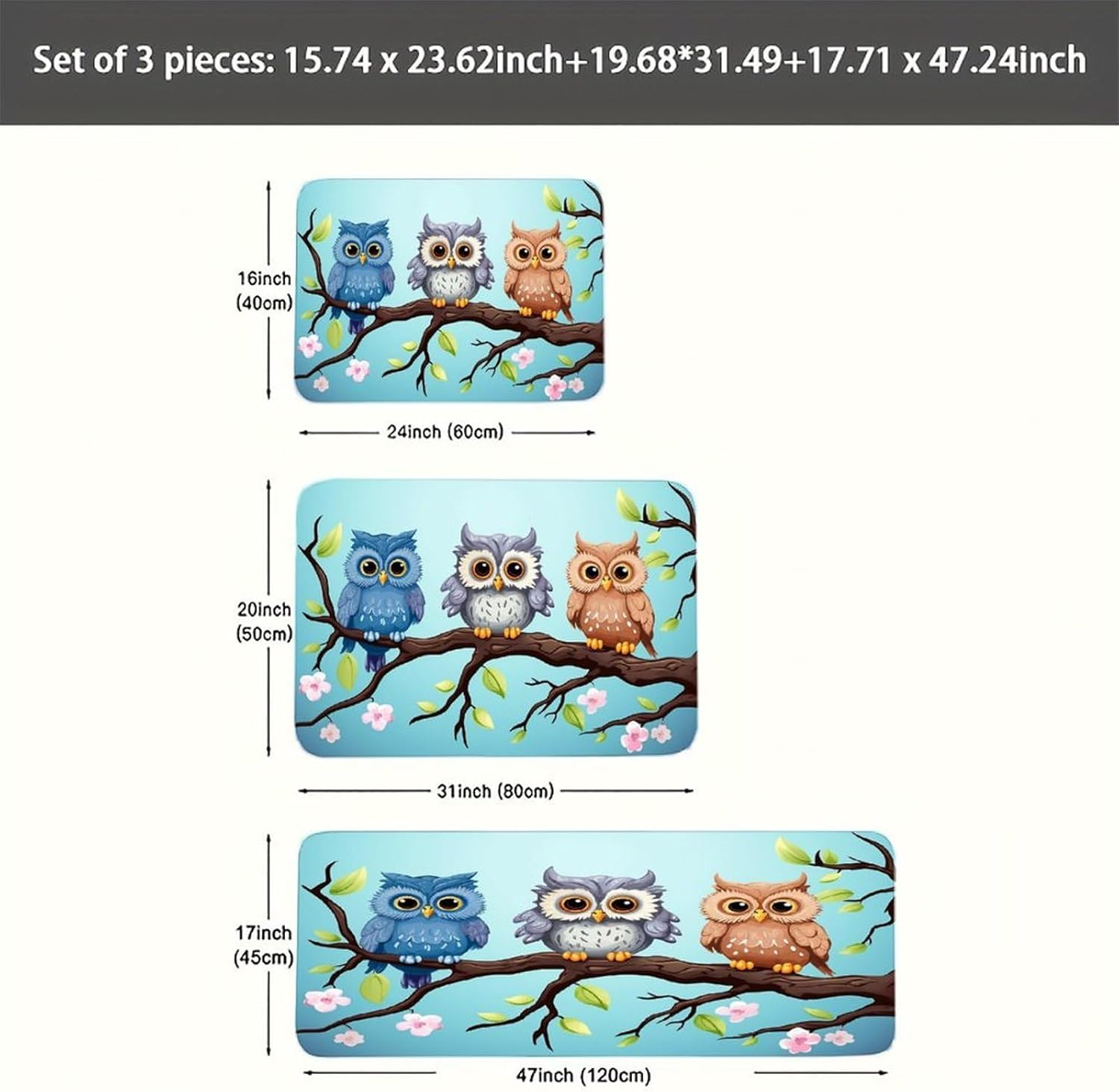 Owls on A Branch Kitchen Mat Set of 3 Waterproof Floor Mats Non-Slip Kitchen Rugs Premium Flannel Rug Heavy Duty Standing Mat for Kitchen Home Bathroom Laundry