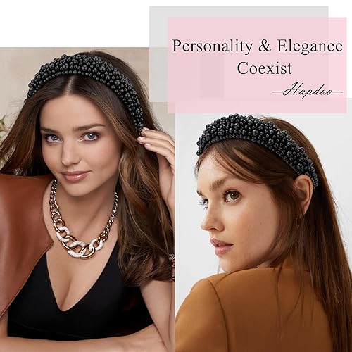 Miniatura 2 de Diademas de perlas negras para mujeres y niñas, bonita diadema acolchada con perlas de imitación para boda y novia, bandas anchas y gruesas con