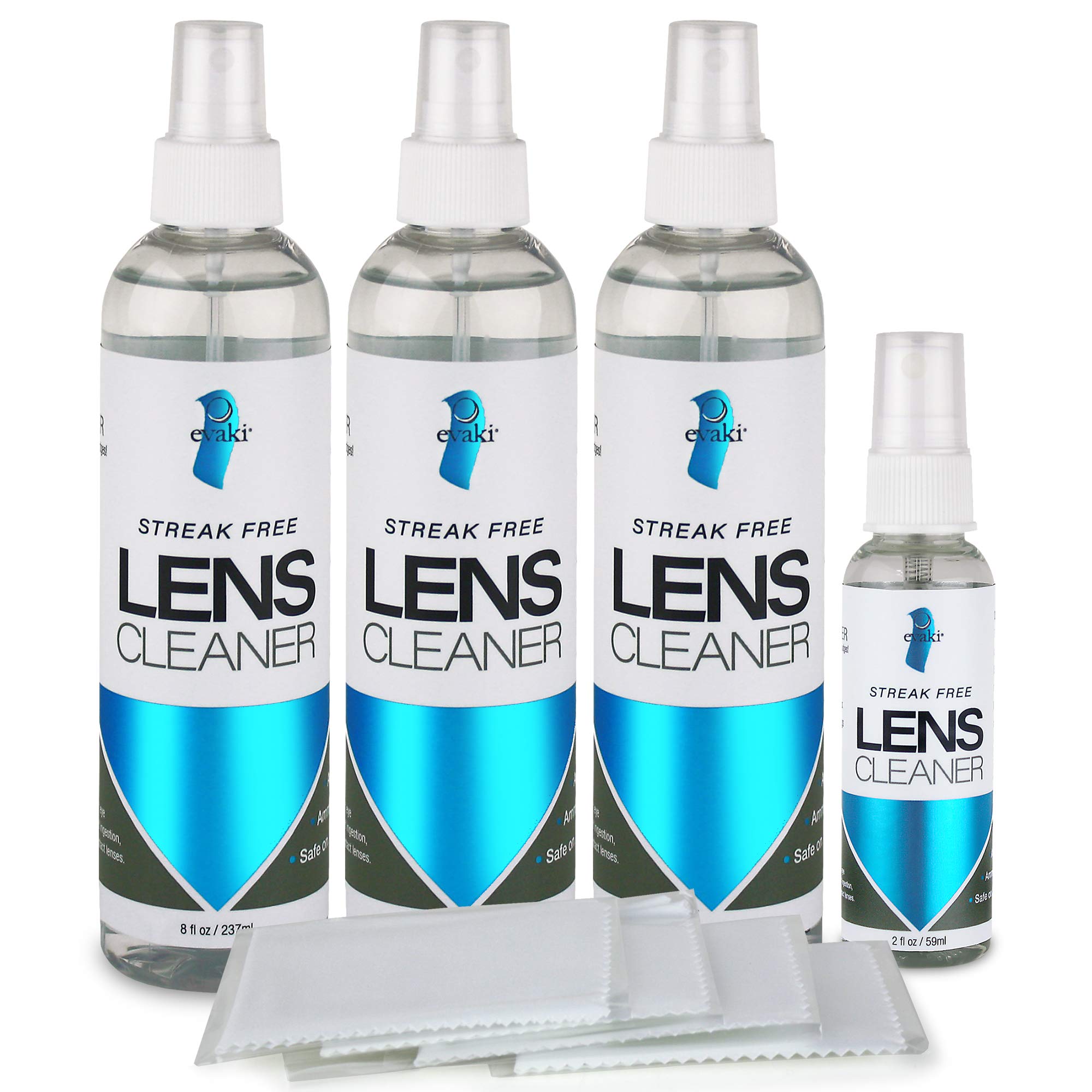 Alcohol and Ammonia-Free Evaki Lens Cleaner Bundle; Streak Free Cleaner Safe for All Lenses; 4 Bottles (3-8oz, 1-2oz) + 4 Microfibers