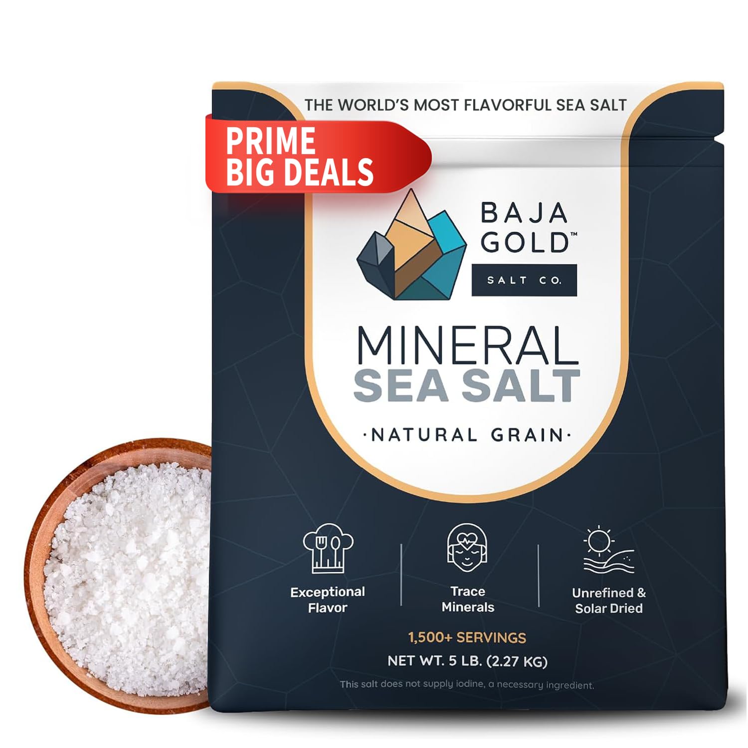 Baja Gold Mineral Sea Salt - Pure & Organic Natural Grain Salt for Cooking & Baking | Low Sodium, Authentic Baja Salt | Ideal for All Culinary Creations | 5 lb. Resealable Bag, 300+ Servings