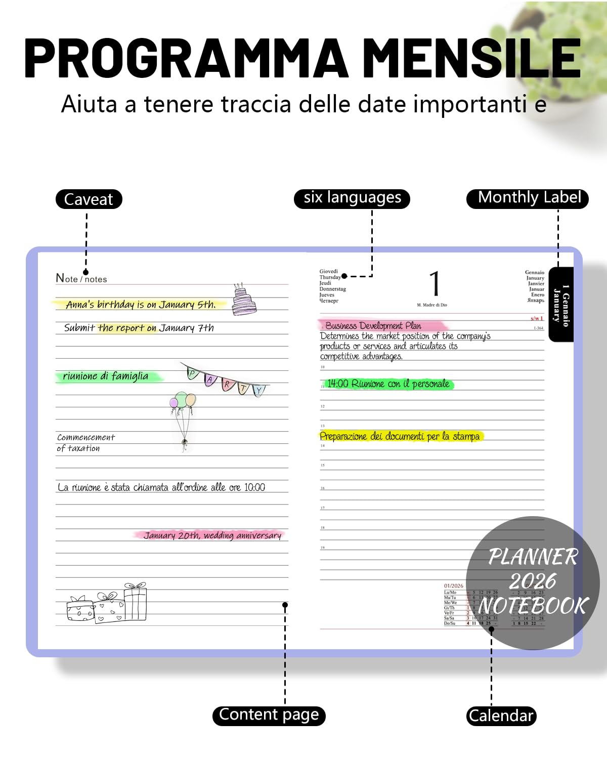 400 Pagine HW CASA Agenda 2026 Giornaliera A5,Festività (DE/IT/ES/EN/FR), Passante e Portapenna | Festività (DE/IT/ES/EN/FR), Riepiloghi Mensili | Gennaio-Dicembre