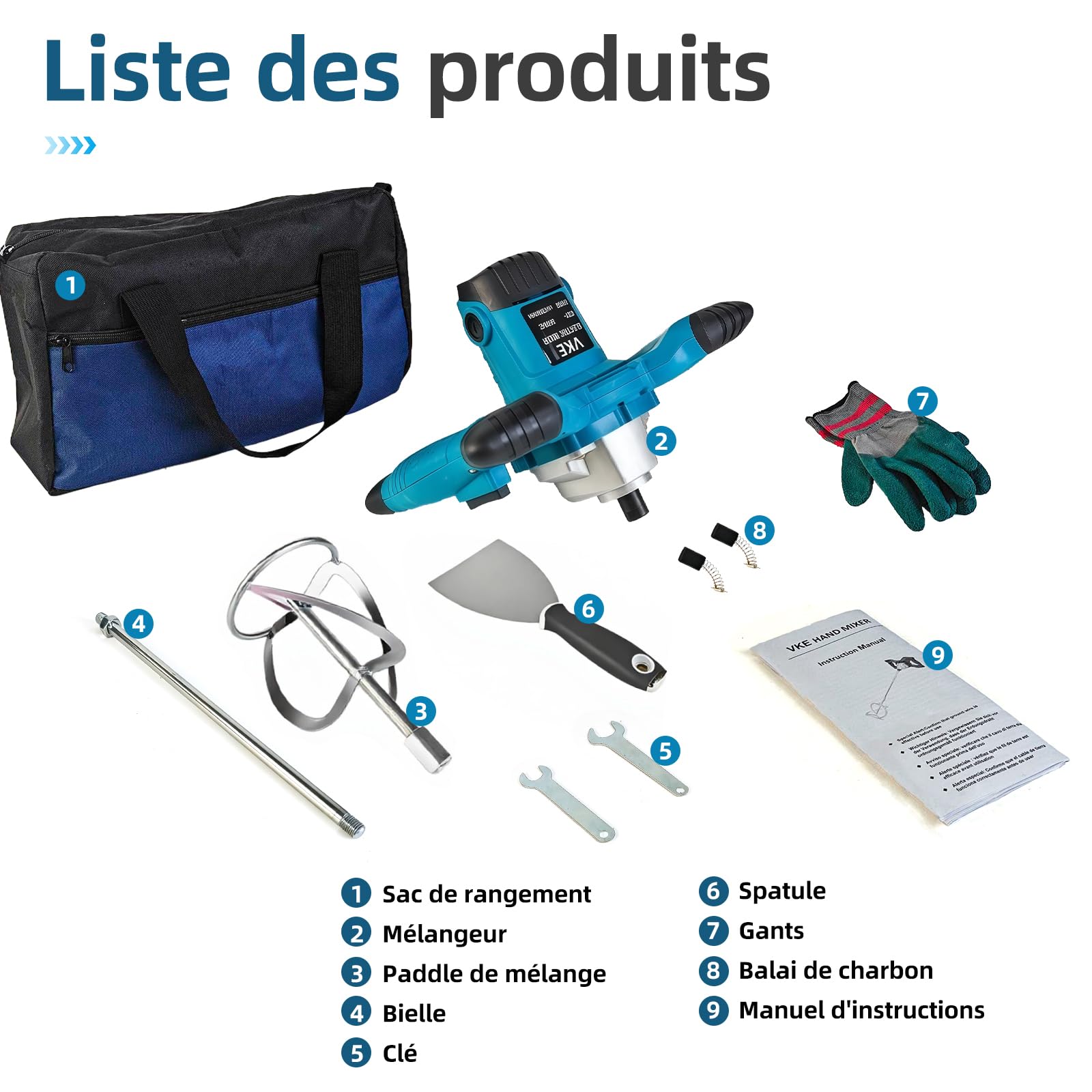 VKE Malaxeur, Melangeur Beton Colle 2400 W à 6 Vitesses, Max. 1200 tr/min Malaxeur Mortier Avec Bouton de Réglage de Vitesse Fixe, Mélangeur Peinture Avec Sac de Rangement, Betonniere électrique
