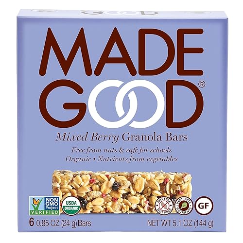 MadeGood - Barras de granola orgánica de bayas mixtas, paquete de 6 (36 barras) aptas para alérgicos, sin nueces, sin gluten veganas y sin OMG,