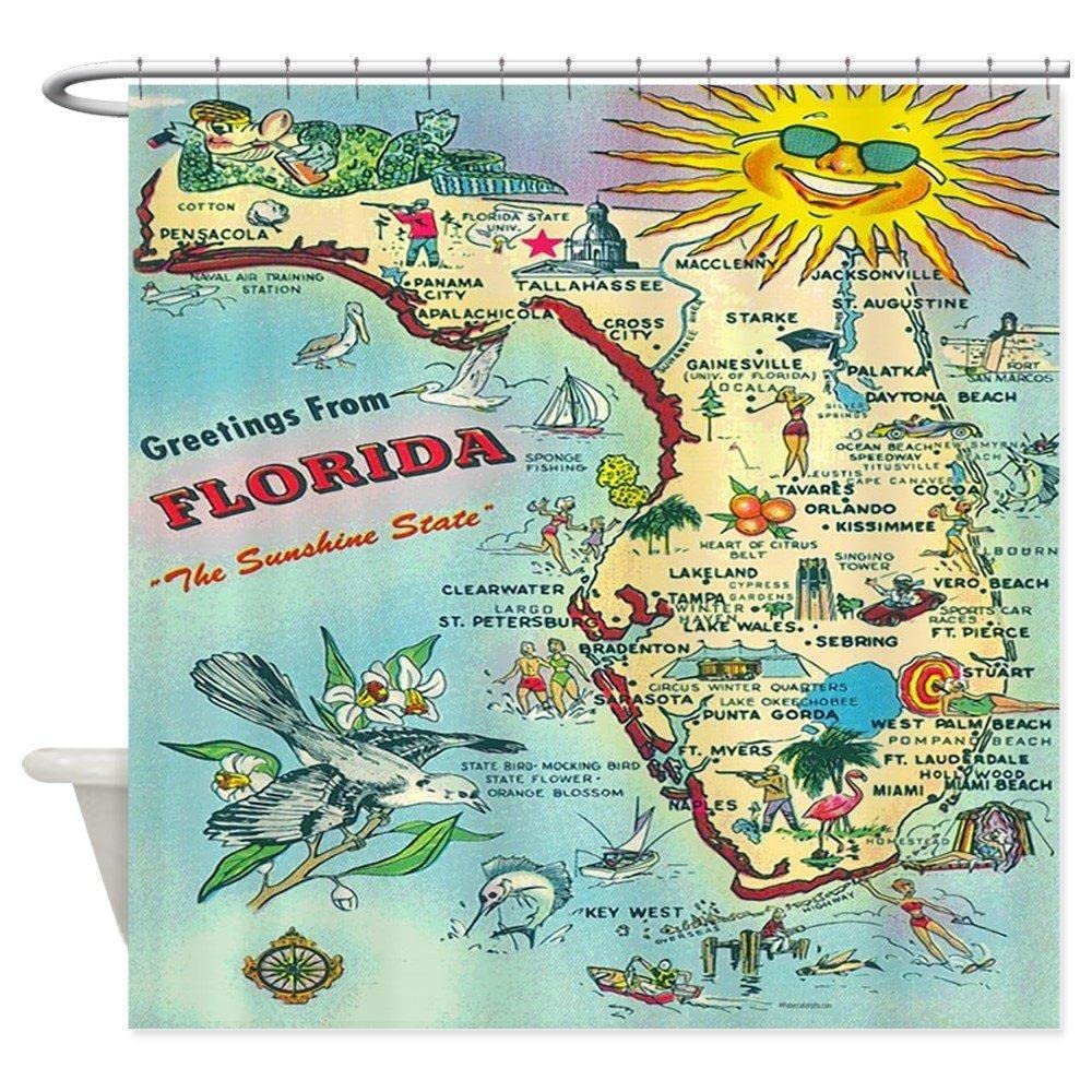 Vainbutry Waterproof Fabric Shower Curtains Vintage Florida Greetings Map Decorative Fabric Shower Curtain 70x70in