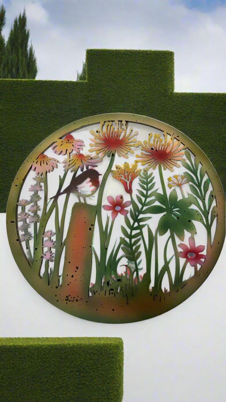Handmade Metal Wall Art Plaque with Coloured Robin Bird and Flowers, 60cm, Garden and Indoor Decor