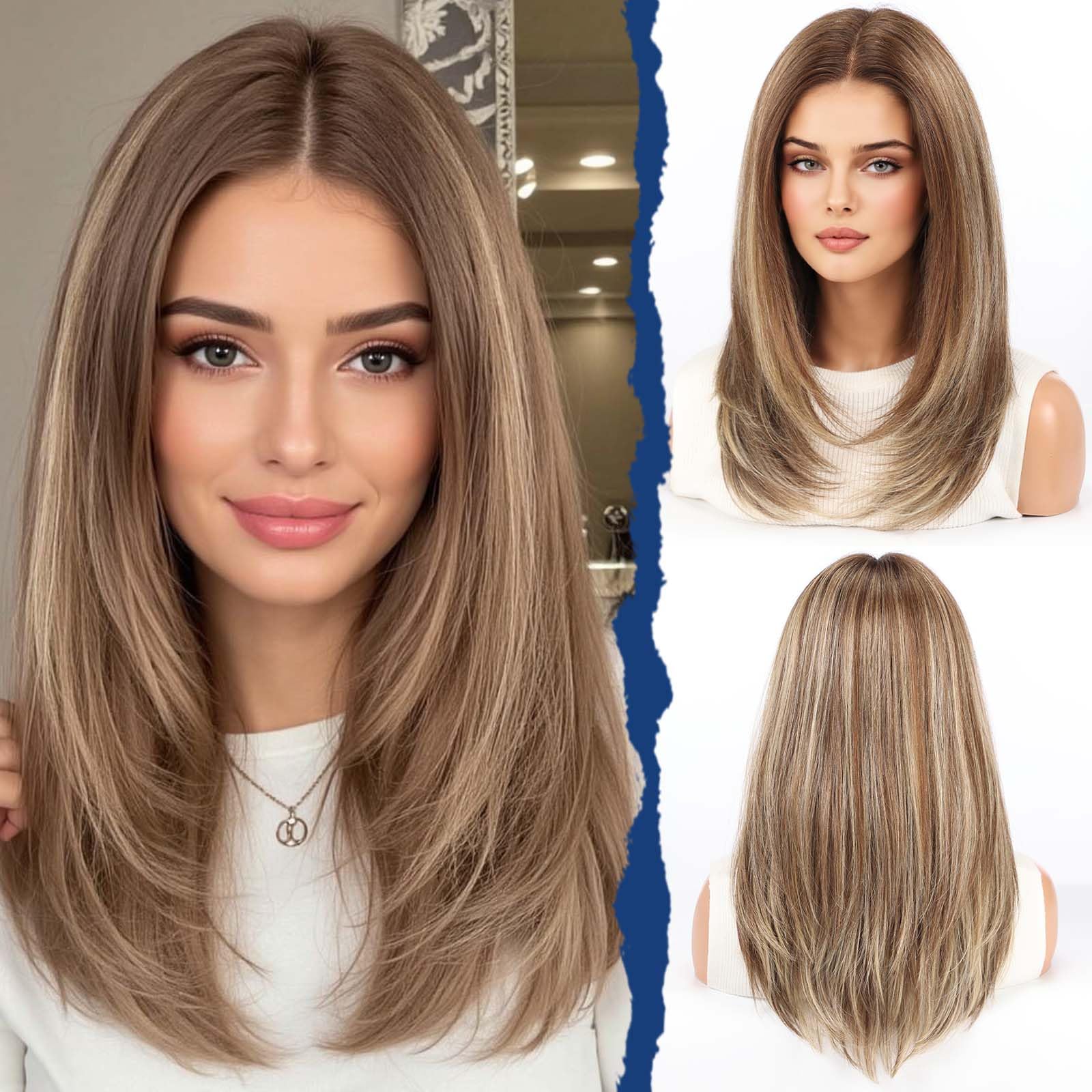 HAIRCUBE 18 Inch Human Hair Blend Lace Front Wig Glueless HD Swiss Lace Warm Brown Mixed Blonde Middle Part Layered Shoulder Length Wigs for Women Daily Natural