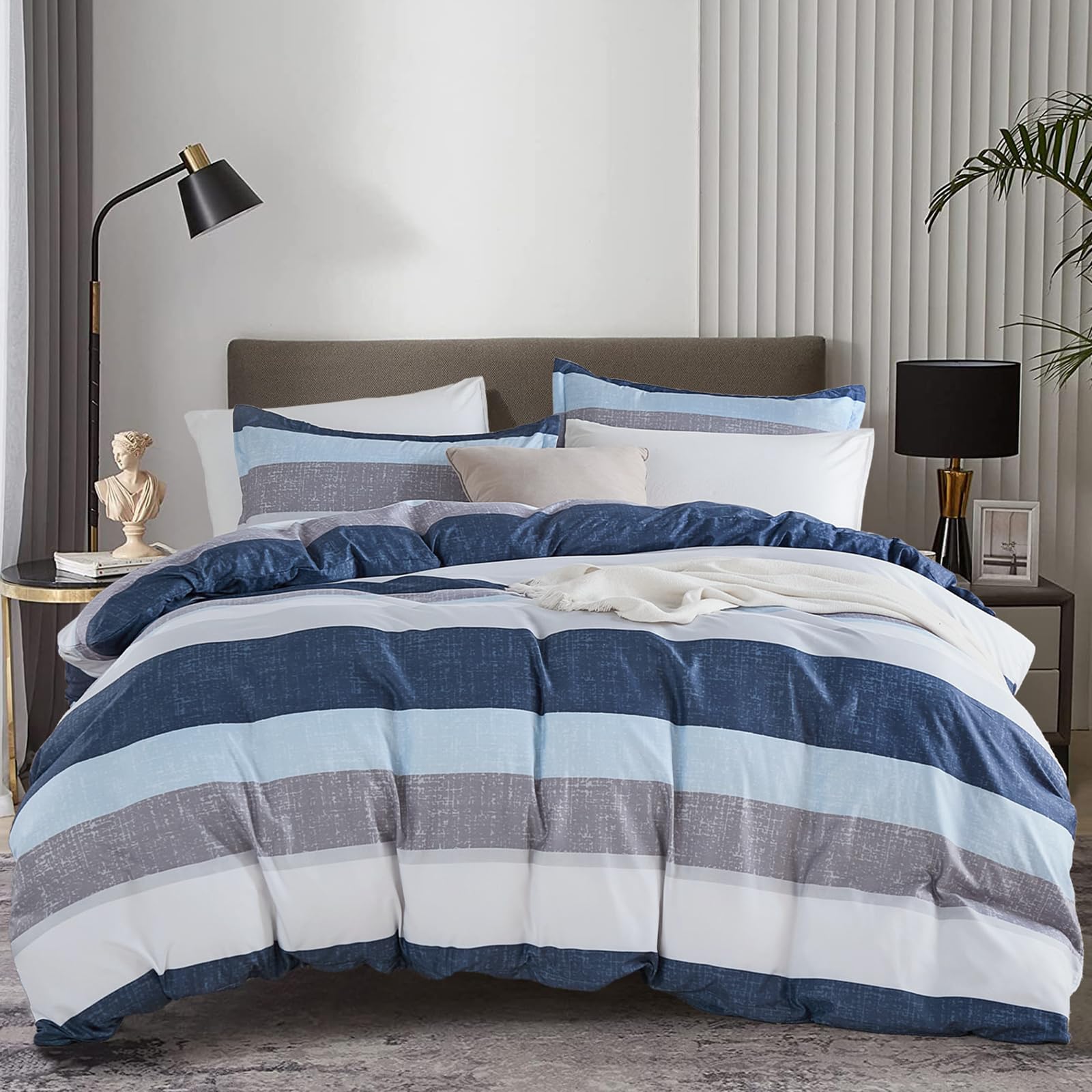 WONGS BEDDING Duvet Cover Sets Wide Striped Bedding Sets King Size Soft Microfiber Quilt Cover with 2 Pillowcases, Blue, 220x230cm โ image 1