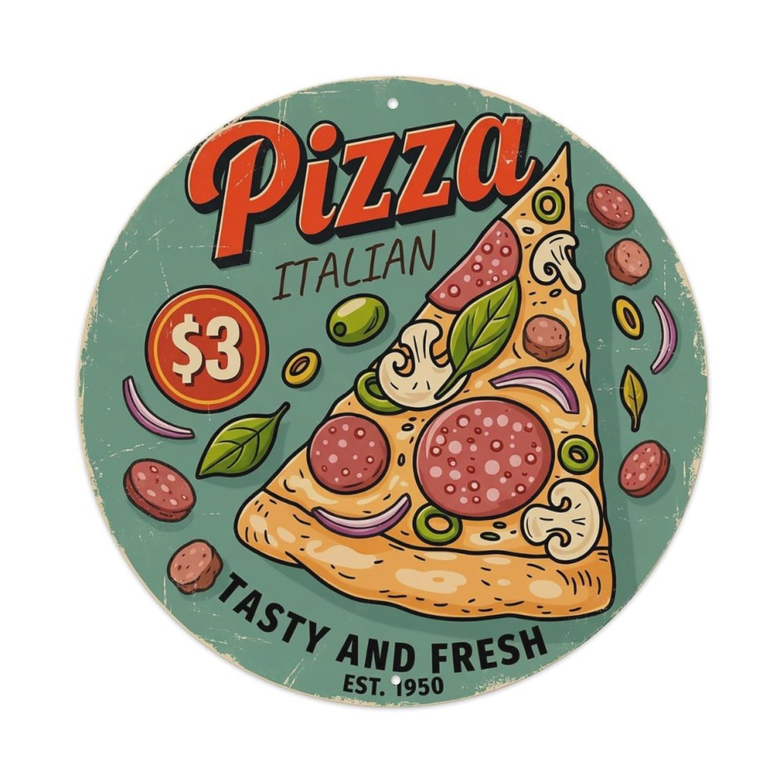 Huiyhb 8X8inch(20X20cm) Vintage Pizza Slice Italian Traditional Cuisine Pepperoni Metal Tin Sign