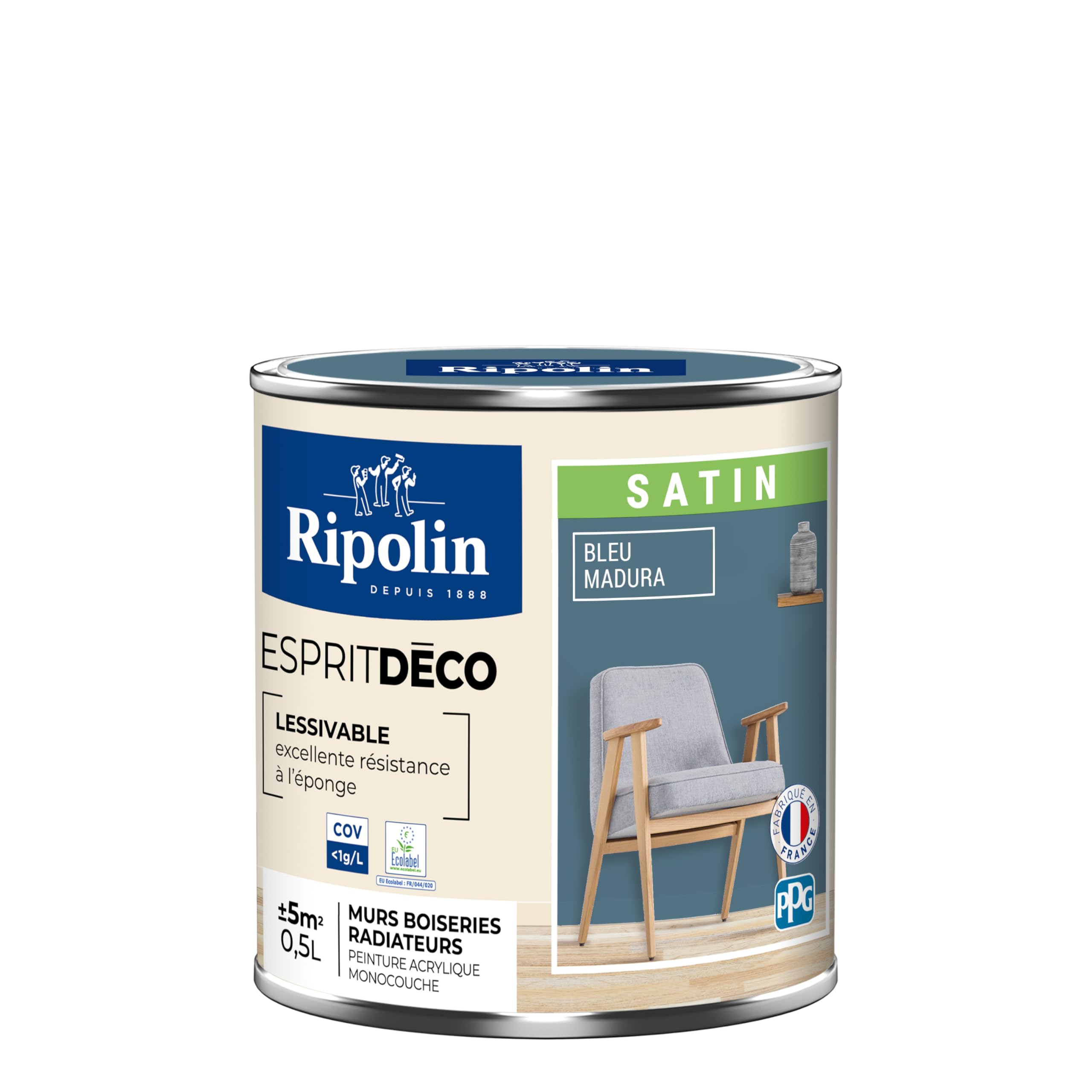 RIPOLIN - Peinture Intérieure Multi-​Supports – Murs, Boiseries & Radiateurs – Ultra Couvrante – Lessivable – Application Facile – Ecolabel - Satin - 0,​5L - Bleu Madura