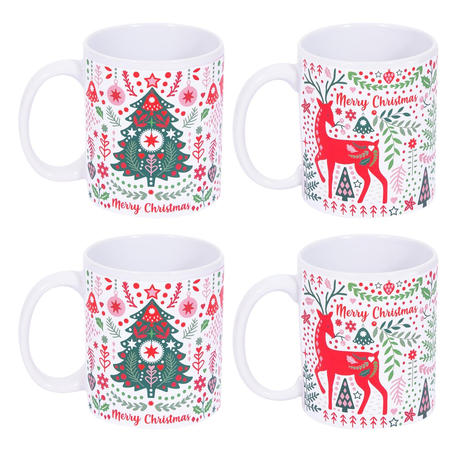 Yes-Online Set Of 4 Scandi Christmas Mugs White And Red Party Xmas Mugs Home Reindeer And Xmas Tree from B&Q