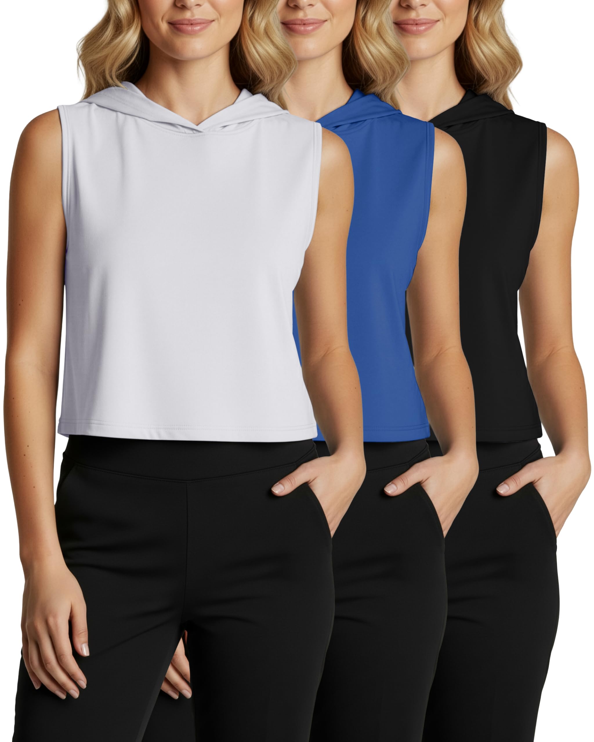 Real Essentials 3er Pack: Damen Dry-Fit Ärmellos Cropped Tank Top Hoodie Athletic Crop Sweatshirt