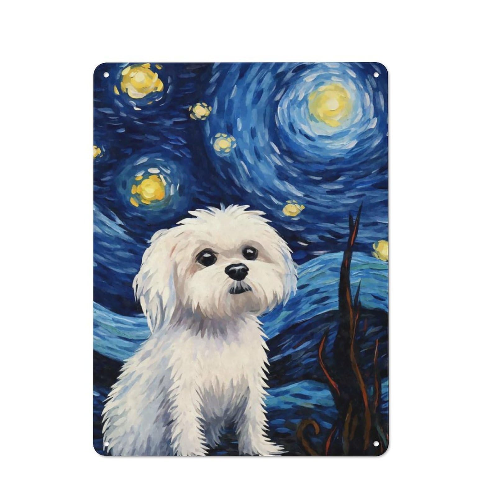 Junmoney Style-6 Tin Wall Plaque 40X30cm With Maltese Dog Starry Night For Living Room Wall, For Kitchen, Dining Room And Home Bar Wall Decor