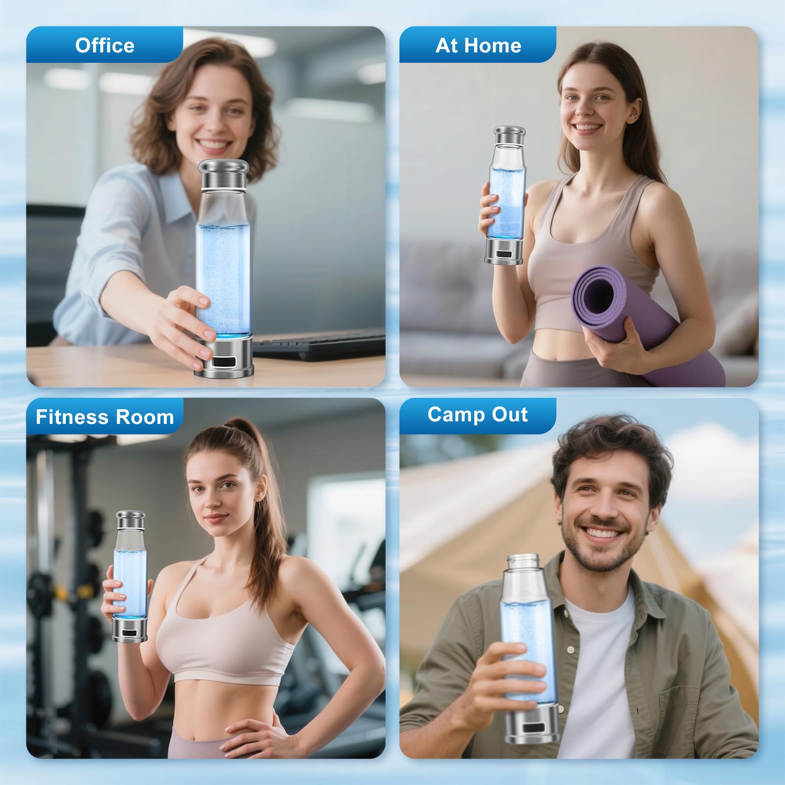 Botella de agua de hidrógeno de electrólisis de 5 minutos, 15 onzas, ionizador de agua de 1500 PPB con tecnología SPE/PEM, botella de agua de hidrógeno para mujeres/hombres/oficina/escuela