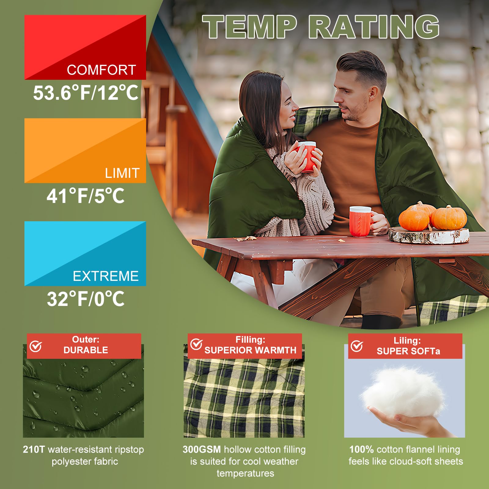 Double Sleeping Bag for Adults Camping, XL Queen Size 2 Person Cotton Flannel Sleeping Bags for All Season Hiking Backpacking, Lightweight Waterproof for Cold Weather & Warm