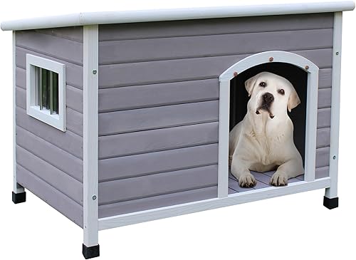 HiCaptain Casa para perros de 40 pulgadas para exteriores, resistente a la intemperie, casas para perros medianos de madera con piso elevado y
