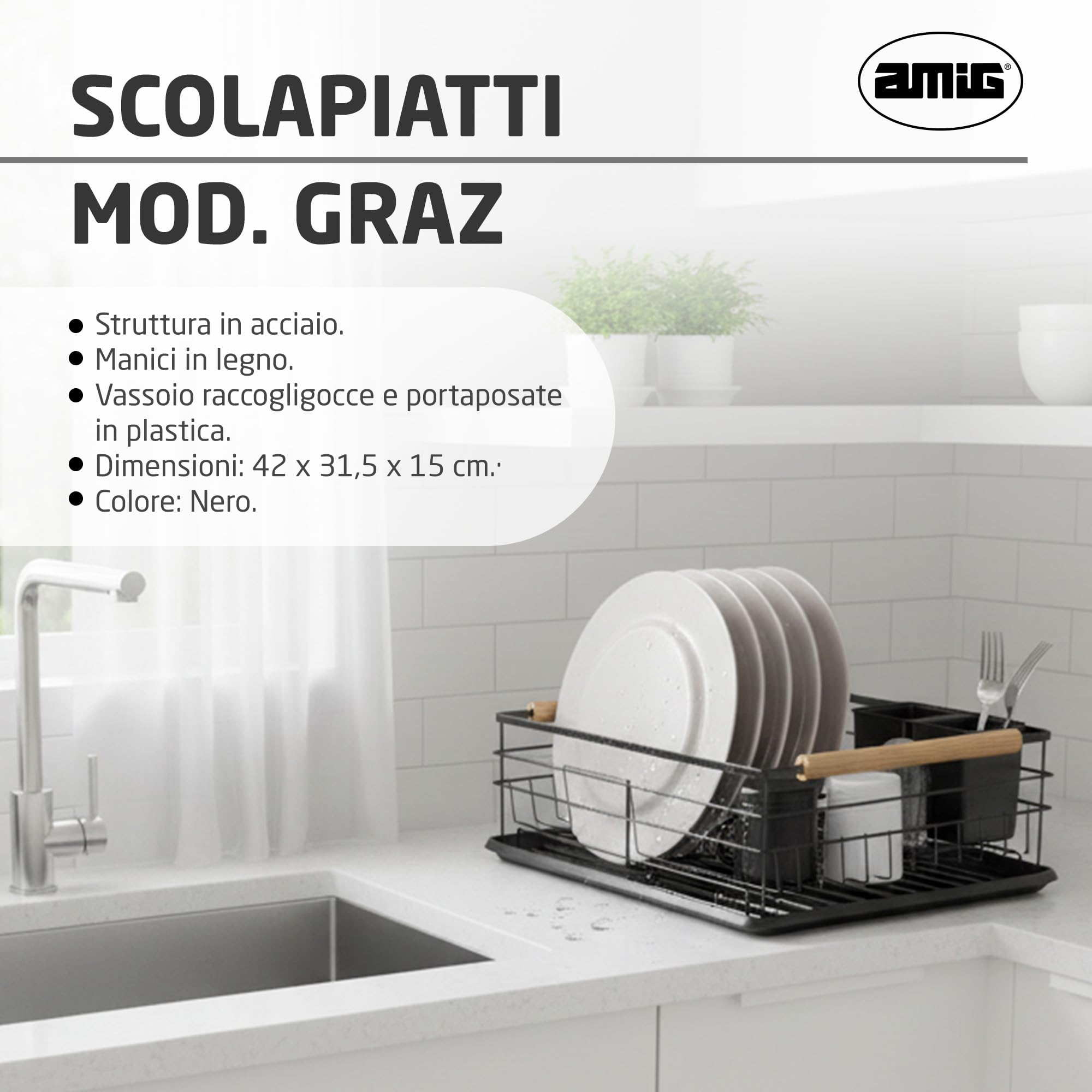 Amig - Scolapiatti Graz - 42 x 31,5 x 15 cm - Acciaio con Manico in Legno - Colore Nero - Scolapiatti con Vassoio di Sgocciolamento e Supporto per Posate - Capacità per 10 Piatti e 6 Bicchieri