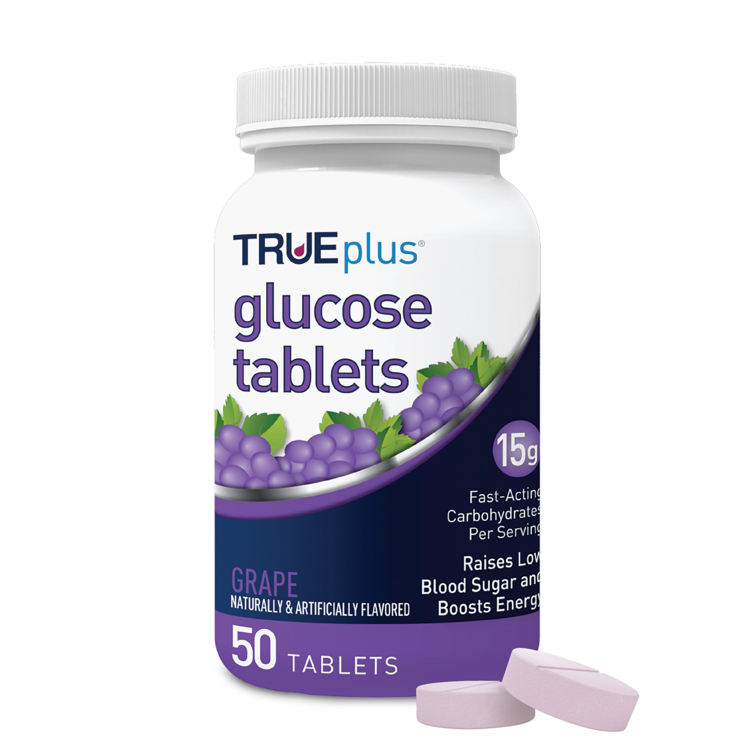 TRUEplus Glucose Tablets, Chewable, Grape Flavor, 15g Fast-Acting Carbohydrates, Fat Free, Gluten Free, Raise Low Blood Sugar and Boost Energy, 50 Count