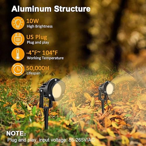 Vista 2 de Romwish 120V LED Landscape Spotlights, 10W Outdoor Spotlights for Yard, 3000K Warm White, 120V AC Spot Light with Ground Spike, Waterproof Landscape