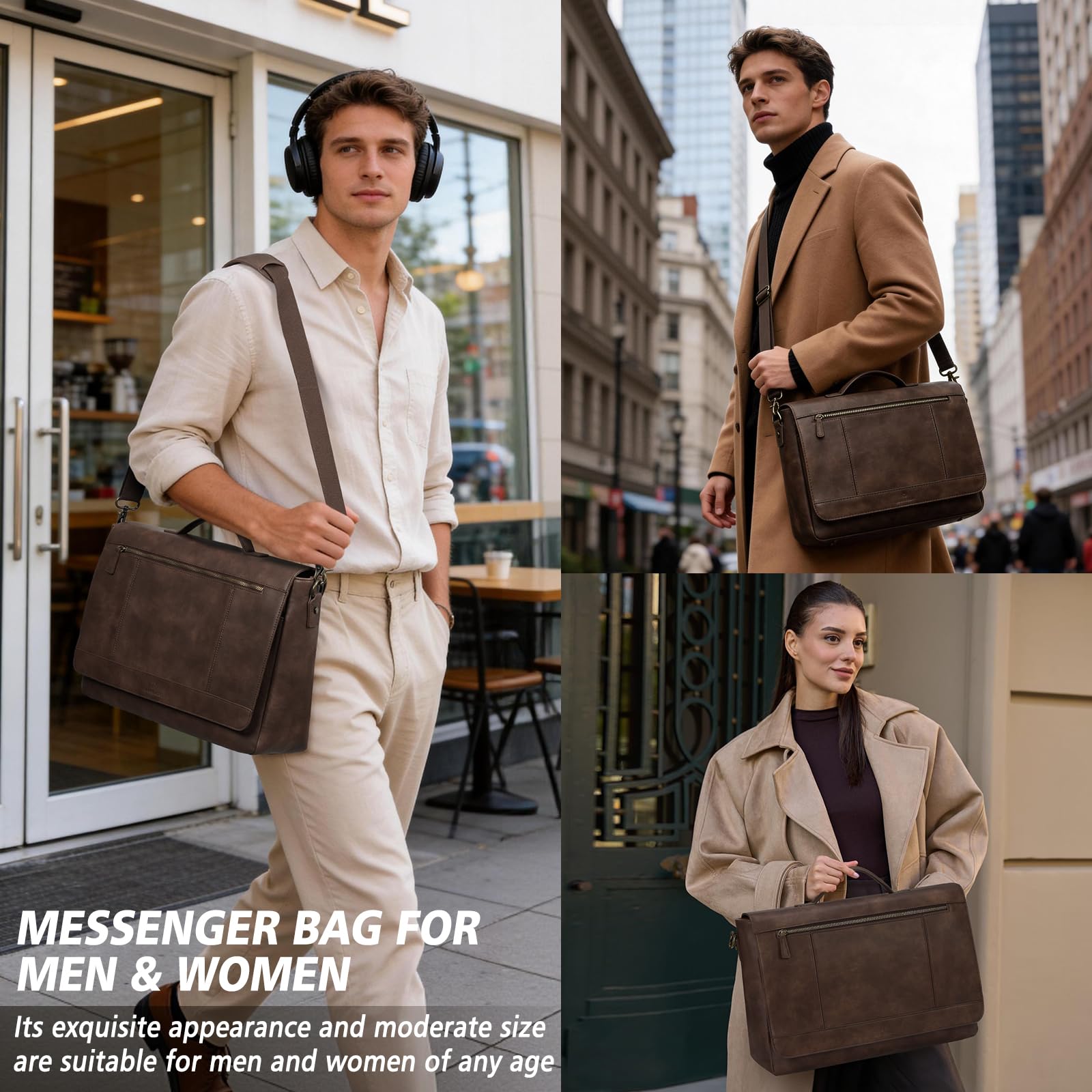 RAINSMORE Aktentasche Herren Leder Wasserdichte Umhängetasche Laptoptasche 15,6 Zoll Vintage Groß Arbeitstasche Messenger Bag Schultertasche für Arbeit Büro Uni Schule - 2