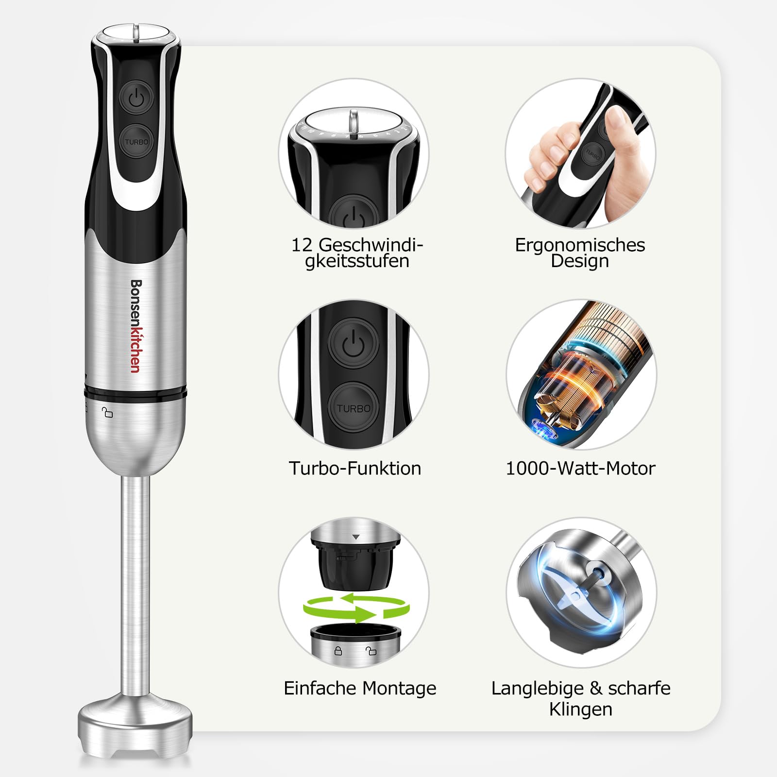 Bonsenkitchen Stabmixer 4-in-1, 1000W Edelstahl mit 12 Stufen Turbo, Schneebesen 700ml Messbecher Lebensmittelhacker, Pürierstab für Babynahrung Suppen Smoothies