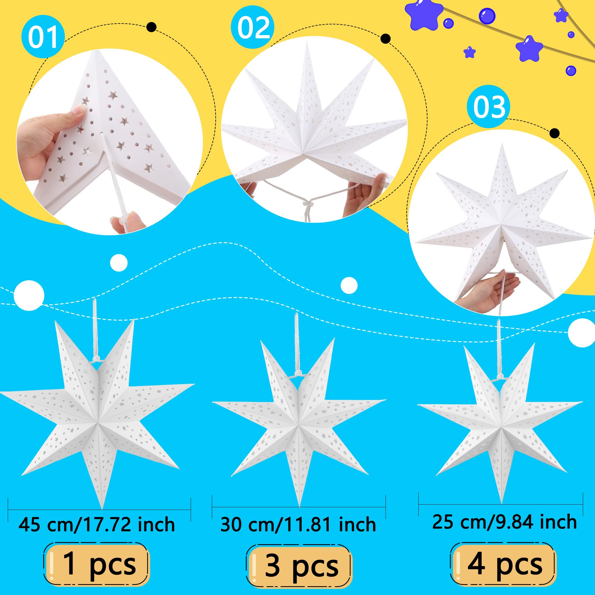 Haconba 8 Pack 3D Paper Stars 7 Pointed Hanging Star Paper Lanterns Lampshade Hollow Paper Star Lantern for Christmas Wedding Home Birthday Party Decorations, 3 Size