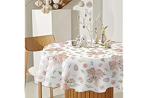 Round Easter Tablecloth 70 Inch, Bunny Ear Foot Flowers Table Cover for Spring Holiday Party