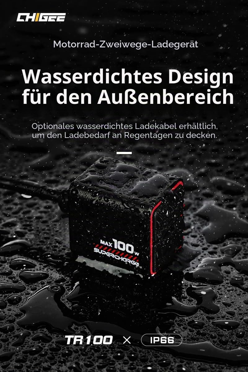 CHIGEE Neueste Generation Motorradbatterieladegerät, 100 W, ultrakompakt und leicht, Notladung, niedrige Standby-Leistung, IP66 wasserdicht, kompatibel mit Blei-Batterien