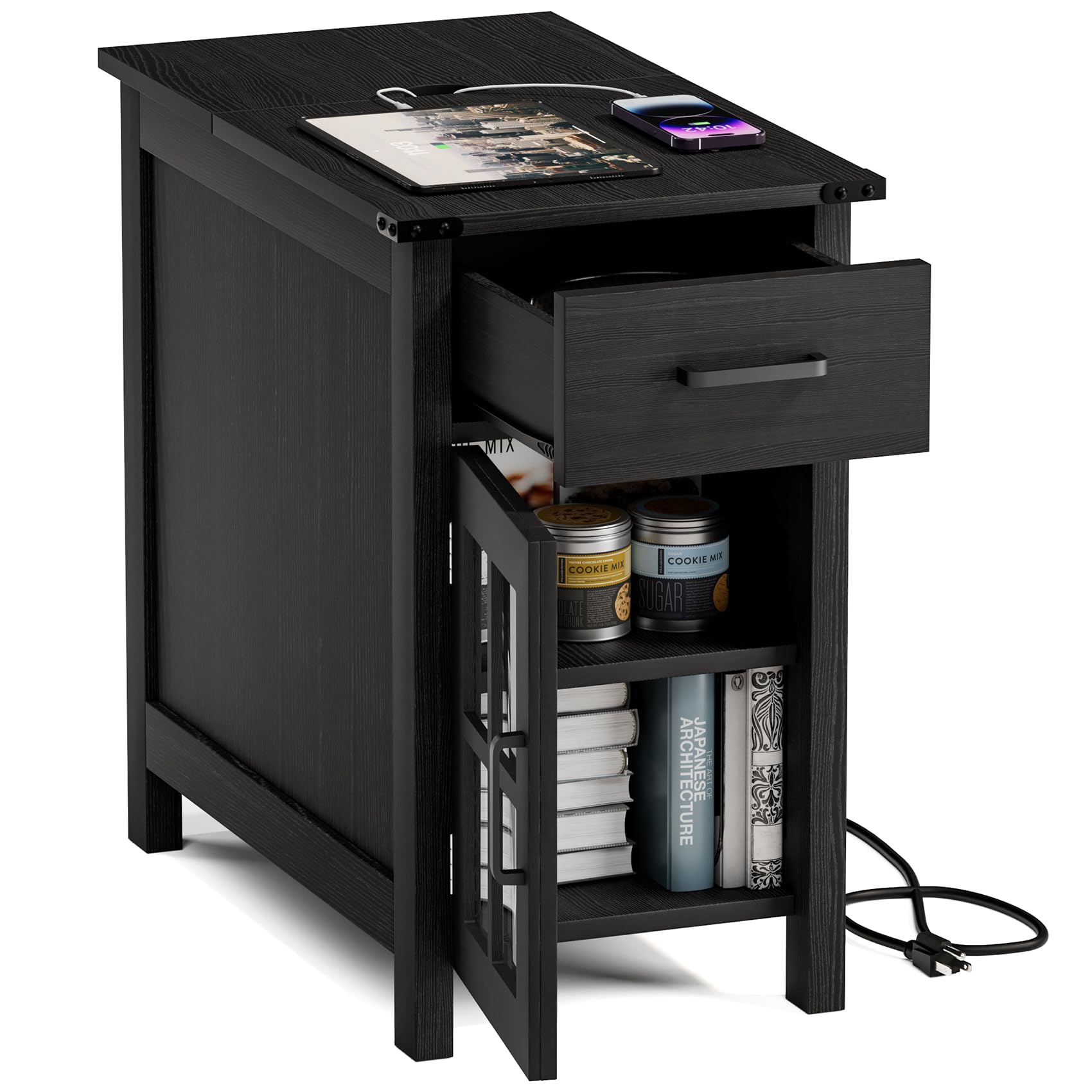 Lafnest Farmhouse End Table with Charging Station, Narrow Side Table for Living Room, Sofa Side Table with Drawer and Storage Cabinet, Small