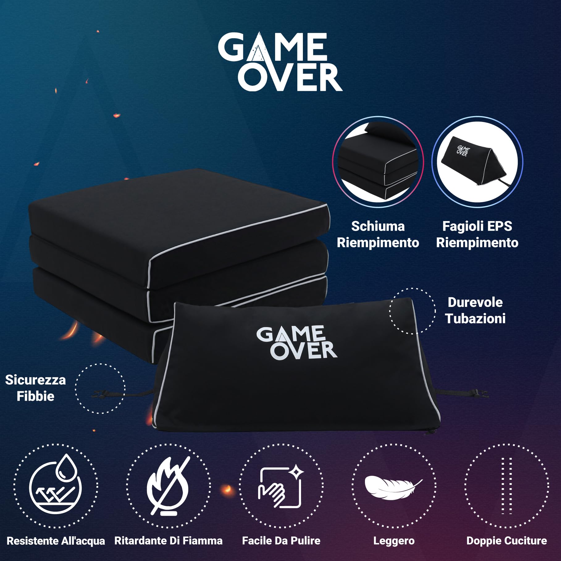 Game Over Materasso Pieghevole a Z Bed 218x64cm Materasso Pieghevole per Interni e per Esterni Divano Letto, Set Futon per le Serate di Gioco, Ottimo per i Sleepover e Gli Ospiti (Fumo Cosmico)