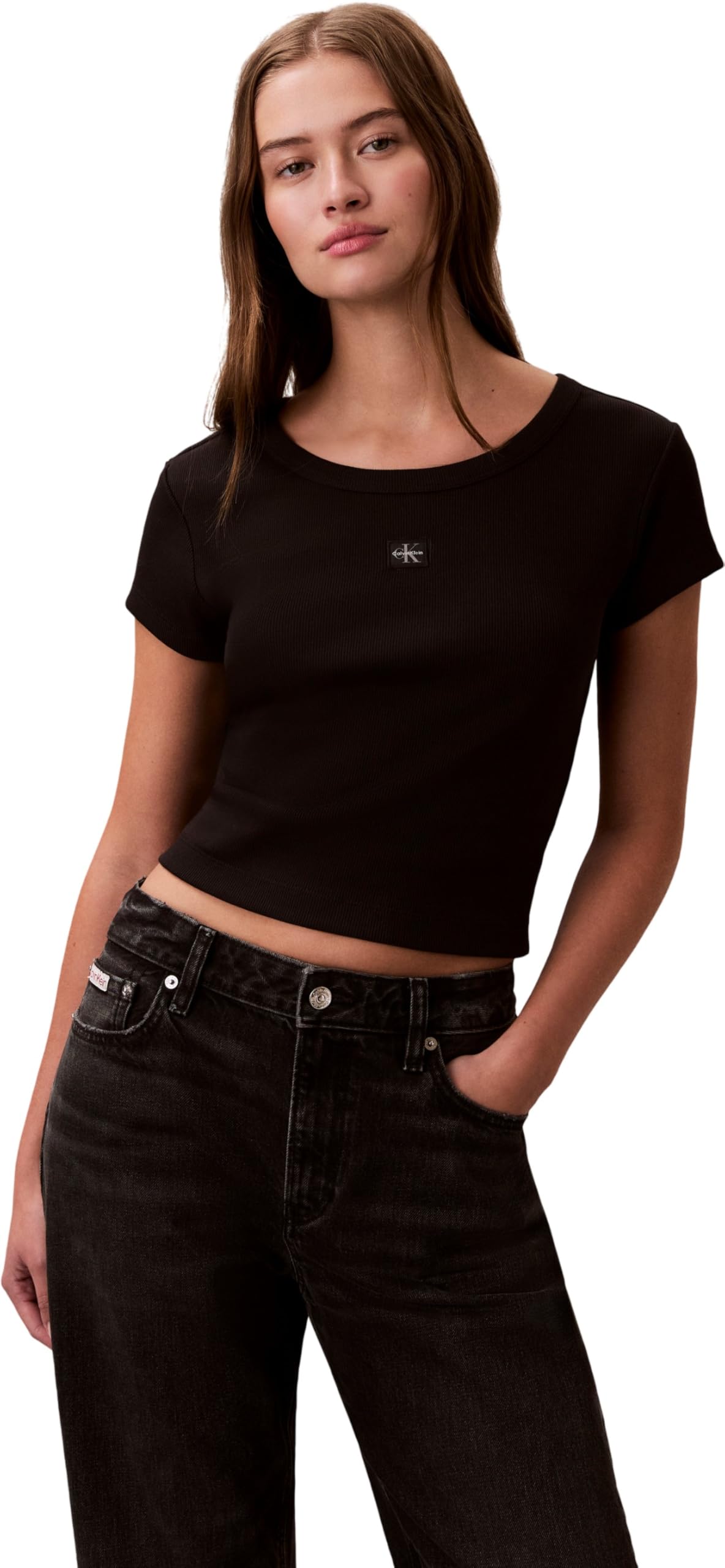 Calvin Klein Women’s Short Sleeve Round Neck Woven Label Rib Baby Tee, Black (Black), XS