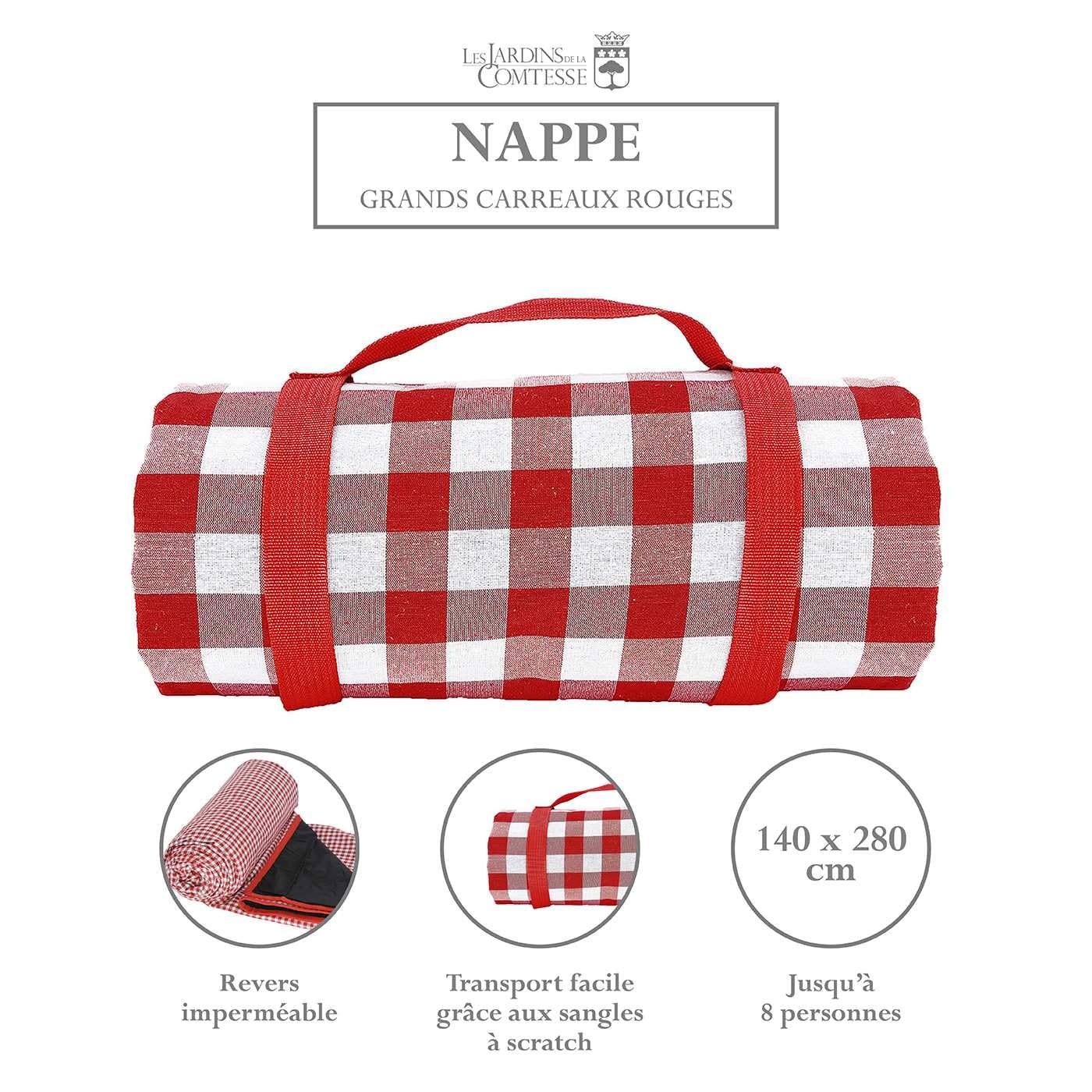 Les Jardins de la Comtesse – Grande Nappe Pique Nique Rectangulaire - Grands Carreaux Rouges - Coton et Revers Imperméable Polyester - 280 x 140 cm - Aussi pour Table de Jardin - 8/12 Personnes