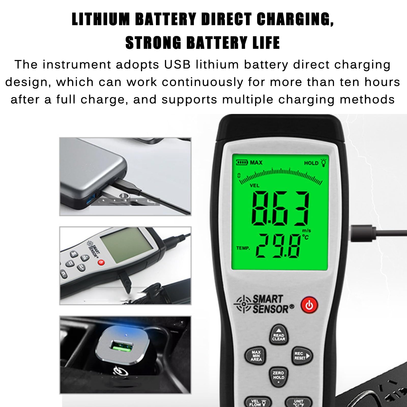 Anemómetro digital de mano, medidor de velocidad del flujo de aire, medidores de velocidad del viento, pantalla LCD grande, velocidad del viento 0~30 m/s, para campanas de flujo, salas limpias, veloci