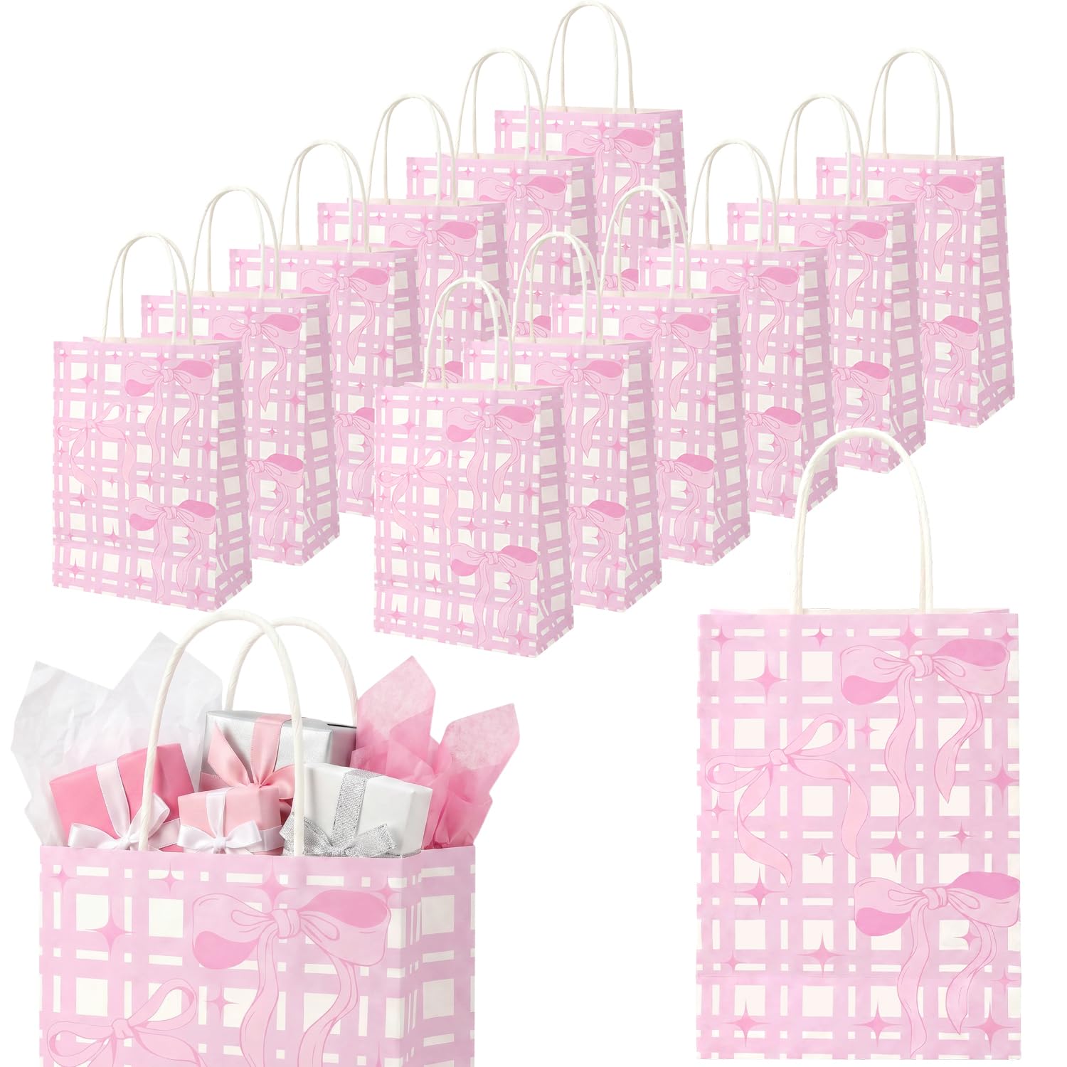 MOTIBACK 12pcs Pink Bowknot Paper Gift Bags with Handles 14.8x8.3x21cm