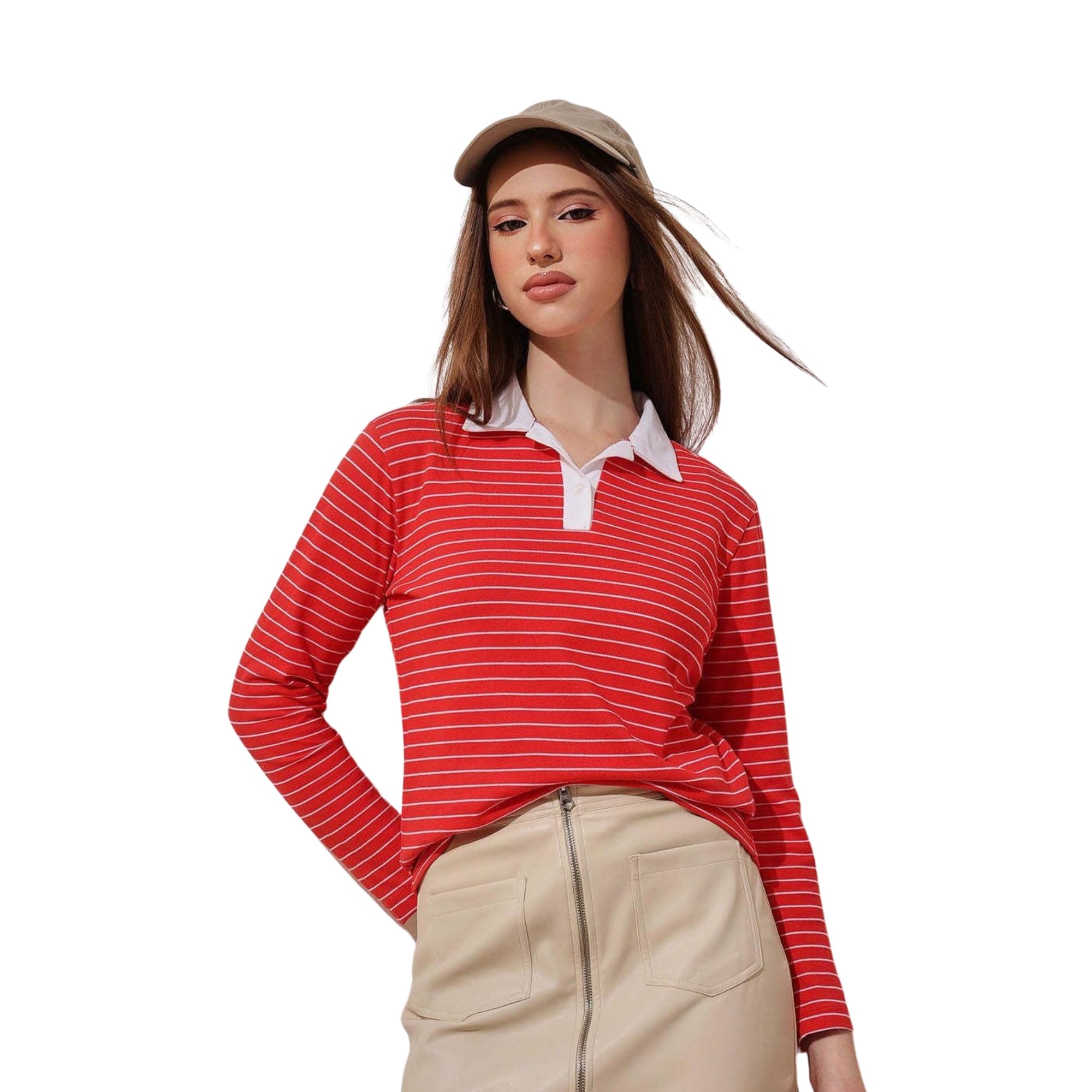street9 Striped Women Polo Neck Red T-Shirt (TEE000010803)-picture-33