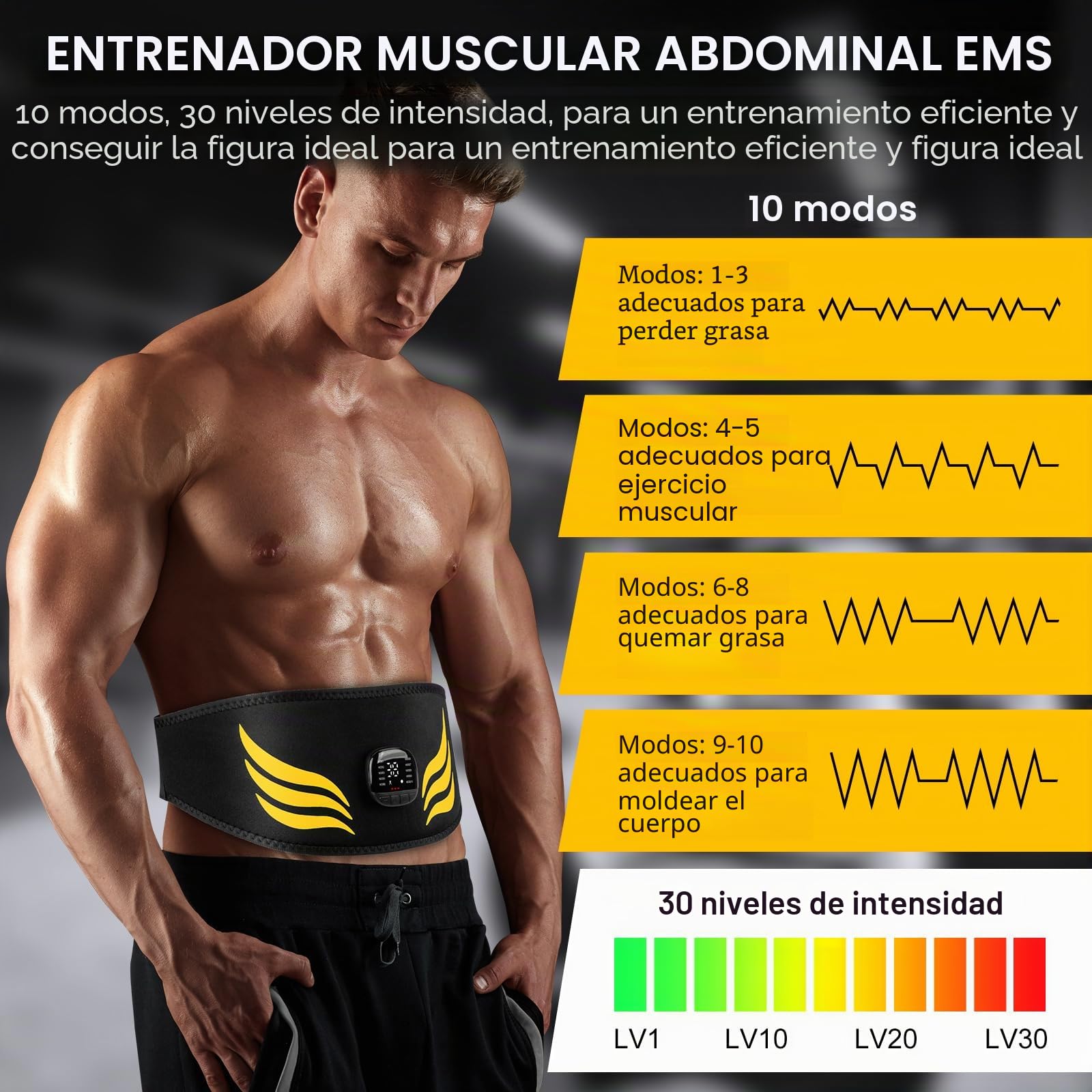 Electroestimulador Abdominal,Electroestimulador Muscular Recargable por USB,EMS Estimulador Muscula 10 Modos y 30 Intensidades, Ajustable,para Abdomen,para Hombres,Mujeres