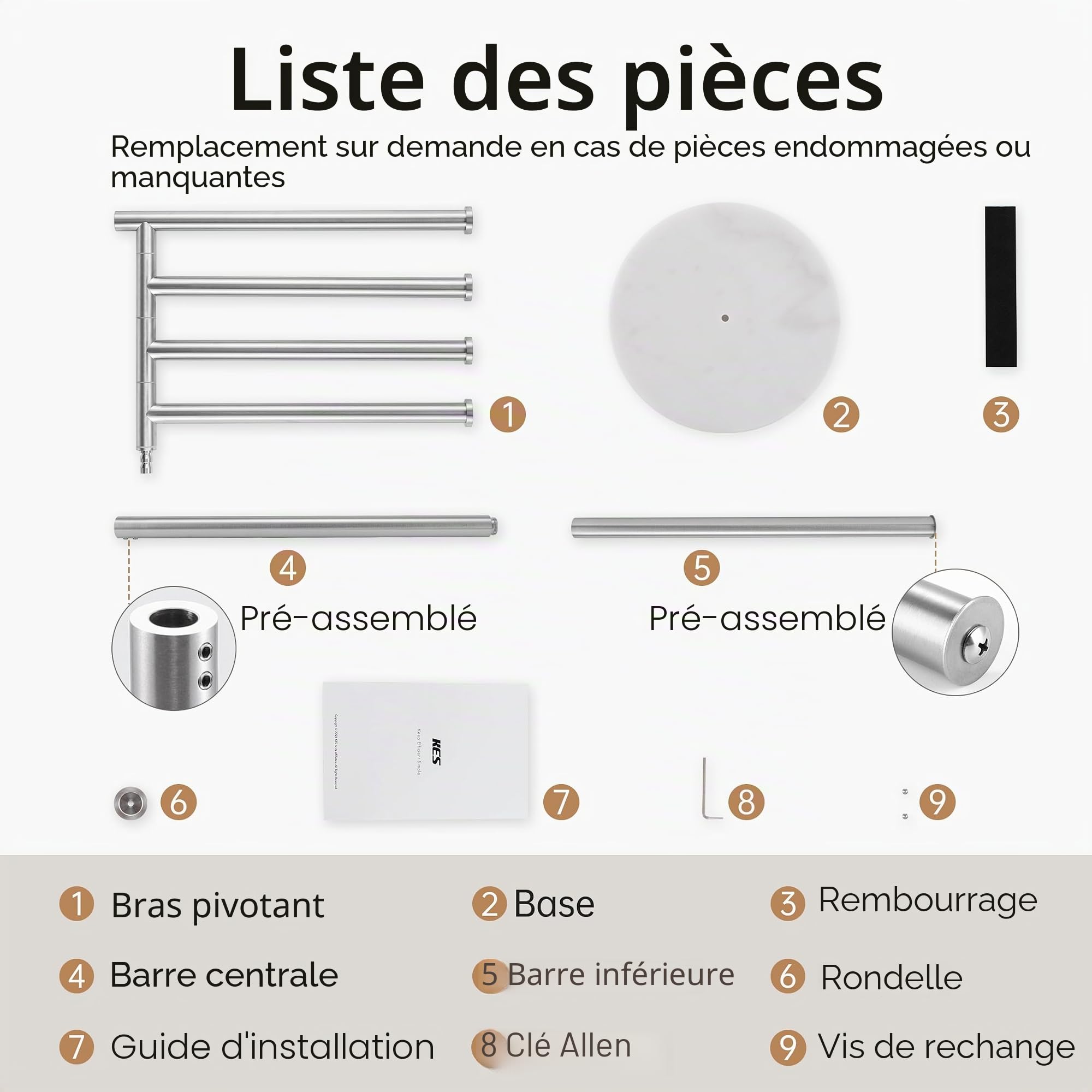 KES Porte-Serviettes sur Pied Porte Serviettes Pivotant 4 Barres avec Base en Marbre Porte Serviette Acier Inoxydable SUS304 Barre Porte-Serviette Brossé, BTH219S4-2