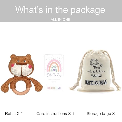 Miniatura 6 de DICHA Sonajero de madera para bebé, sonajero de ganchillo para bebé, juego de juguetes de madera para desarrollo sensorial, incluye oso de dentición