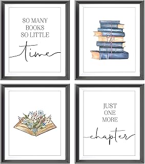 AEHIE So Many Books So Little Time Wall Art Print, Just One More Chapter Poster Prints for Reading Corner Decor, Funny Quote Wall Decor, Book Floral Wall Art, 4pcs 8x10inch