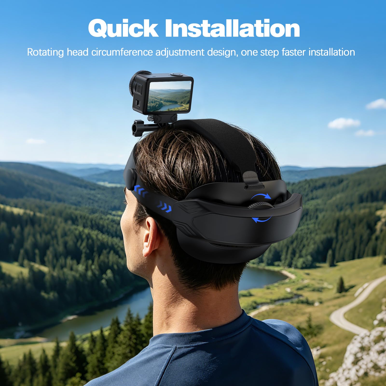 FTRONGRT Uchwyt na głowę kompatybilny z DJI Osmo Action 3/4/5 Pro/6/360/Nano, Insta360 X5 i smartfonem, obracany o 360° zagłówek POV do jazdy na rowerze, biegania, vlogingu